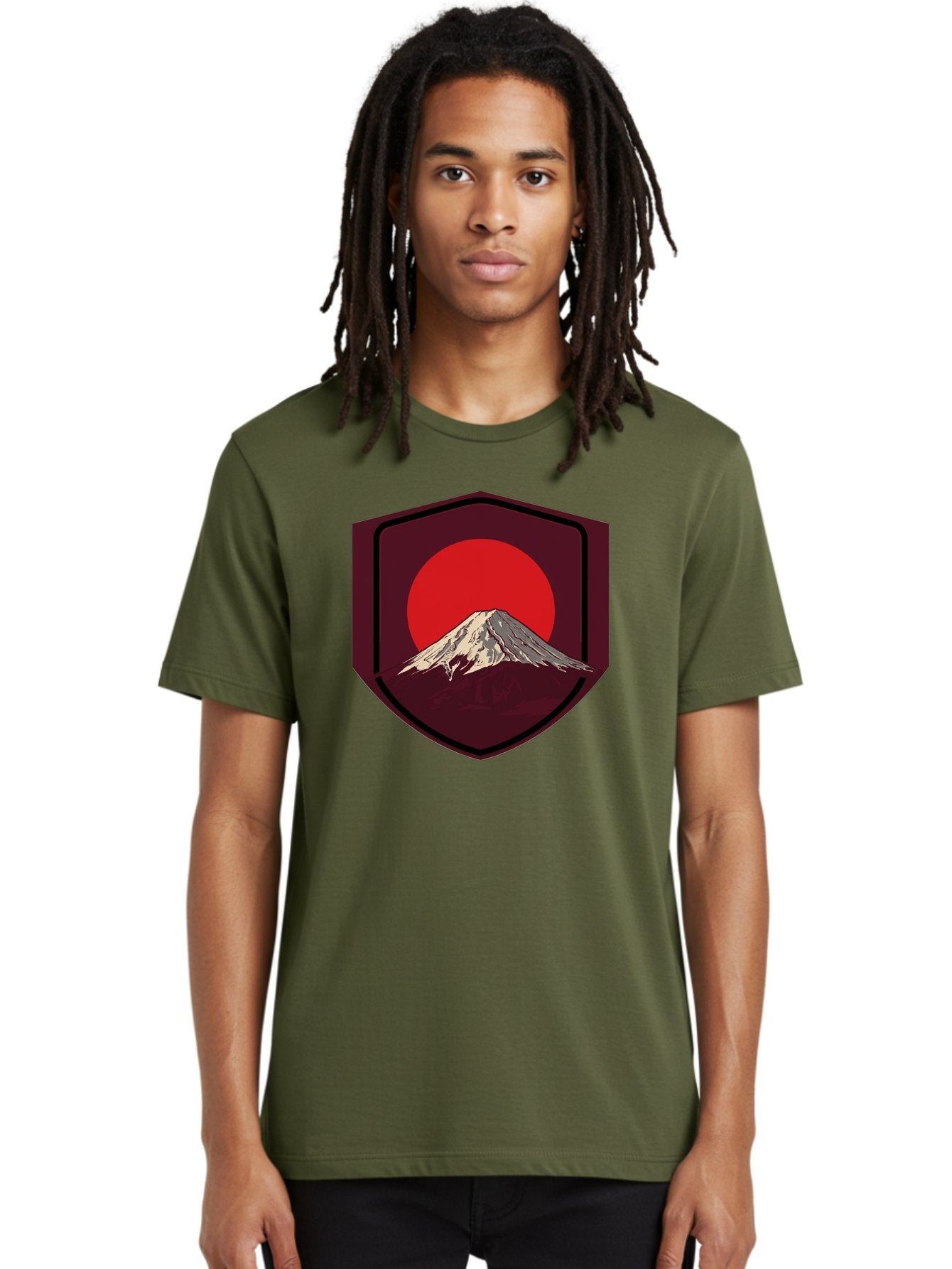 Mount-Fuji-Badge Men'S Graphic Tee, 100% Cotton, Comfortable Casual Summer Wear, Machine Washable, Mount Fuji, Japanese Mountain, Red Sun, Shield Emblem, Mountain Landscape, Japanese Culture, Iconic Symbol, Graphic Design, Red Circle Bad975 16