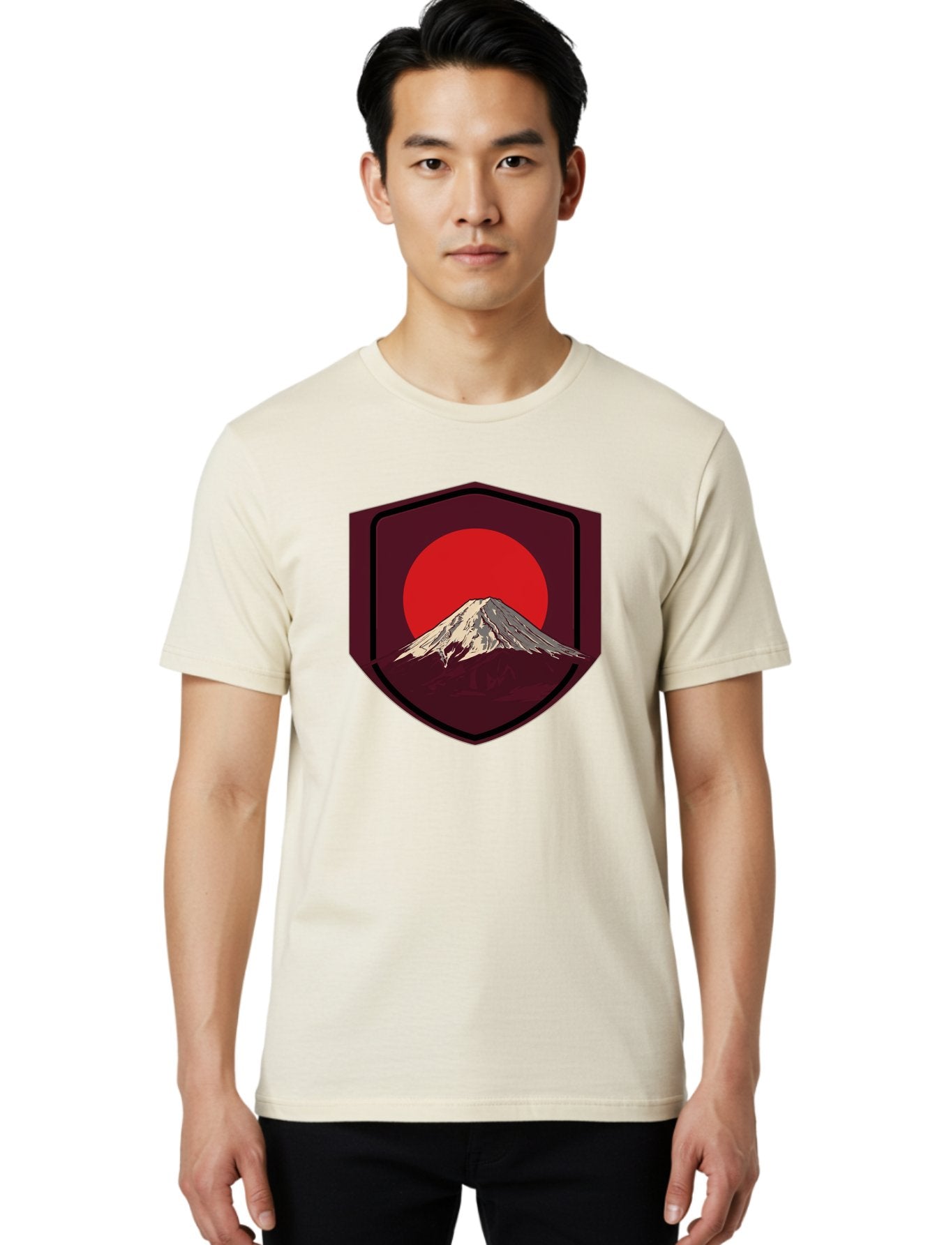 Mount-Fuji-Badge Men'S Graphic Tee, 100% Cotton, Comfortable Casual Summer Wear, Machine Washable, Mount Fuji, Japanese Mountain, Red Sun, Shield Emblem, Mountain Landscape, Japanese Culture, Iconic Symbol, Graphic Design, Red Circle Bad975 17