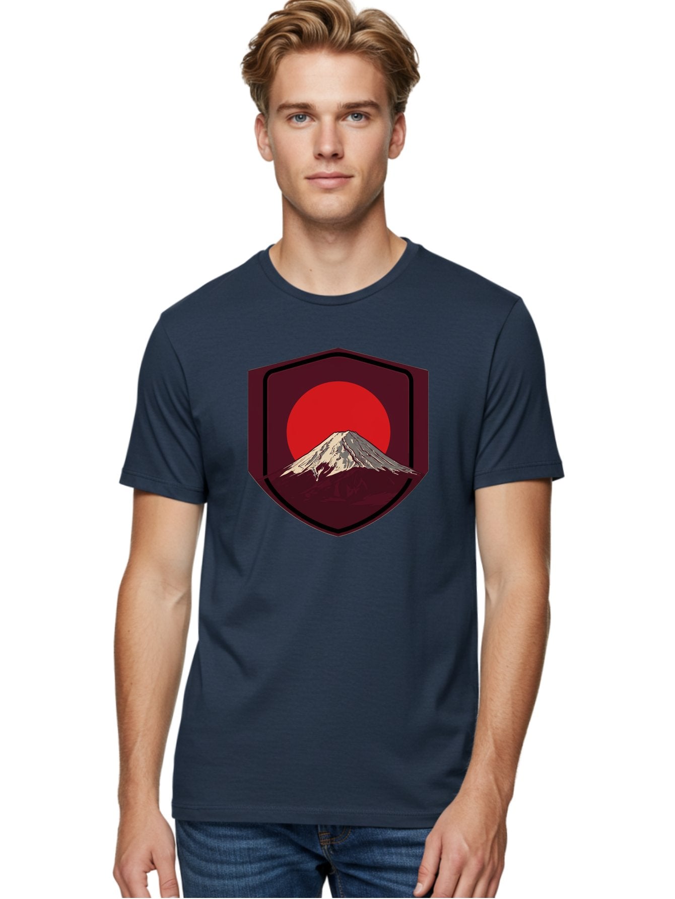 Mount-Fuji-Badge Men'S Graphic Tee, 100% Cotton, Comfortable Casual Summer Wear, Machine Washable, Mount Fuji, Japanese Mountain, Red Sun, Shield Emblem, Mountain Landscape, Japanese Culture, Iconic Symbol, Graphic Design, Red Circle Bad975 26