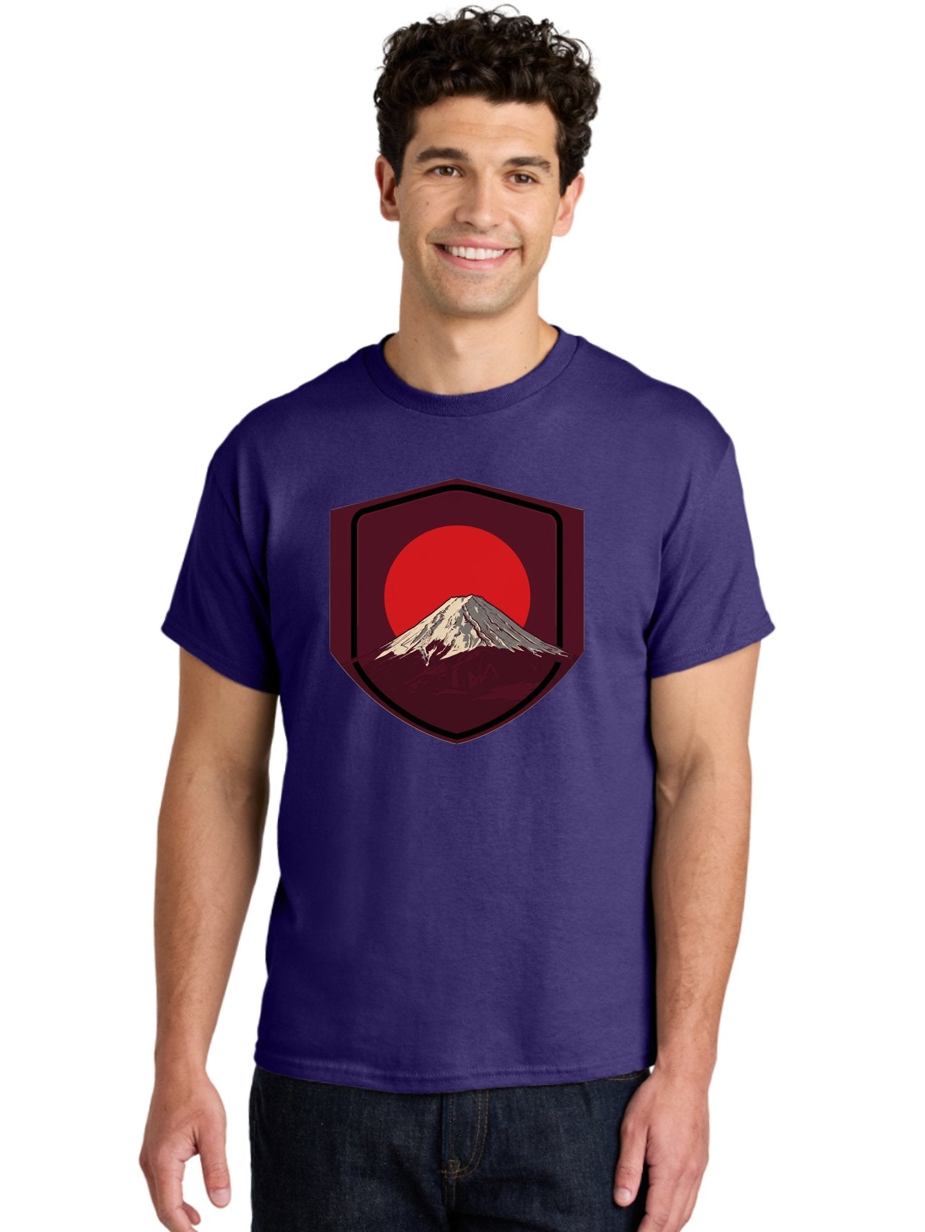Mount-Fuji-Badge Men'S Graphic Tee, 100% Cotton, Comfortable Casual Summer Wear, Machine Washable, Mount Fuji, Japanese Mountain, Red Sun, Shield Emblem, Mountain Landscape, Japanese Culture, Iconic Symbol, Graphic Design, Red Circle Bad975 23