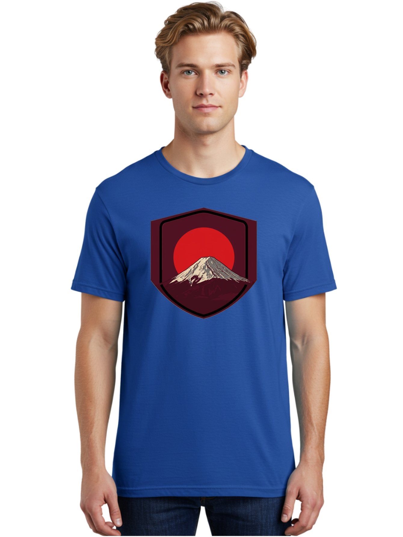 Mount-Fuji-Badge Men'S Graphic Tee, 100% Cotton, Comfortable Casual Summer Wear, Machine Washable, Mount Fuji, Japanese Mountain, Red Sun, Shield Emblem, Mountain Landscape, Japanese Culture, Iconic Symbol, Graphic Design, Red Circle Bad975 19