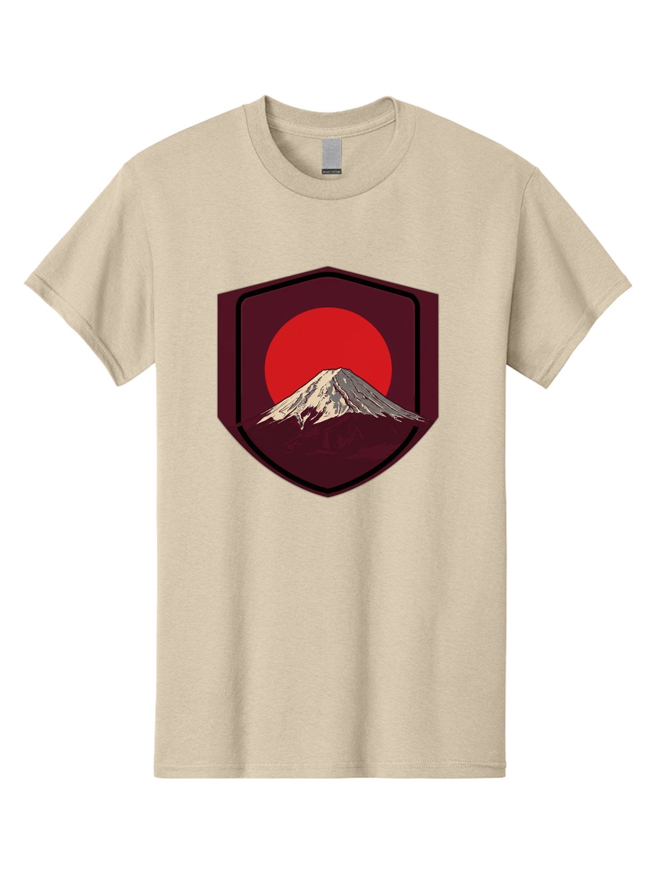 Mount-Fuji-Badge Men'S Graphic Tee, 100% Cotton, Comfortable Casual Summer Wear, Machine Washable, Mount Fuji, Japanese Mountain, Red Sun, Shield Emblem, Mountain Landscape, Japanese Culture, Iconic Symbol, Graphic Design, Red Circle Bad975 13
