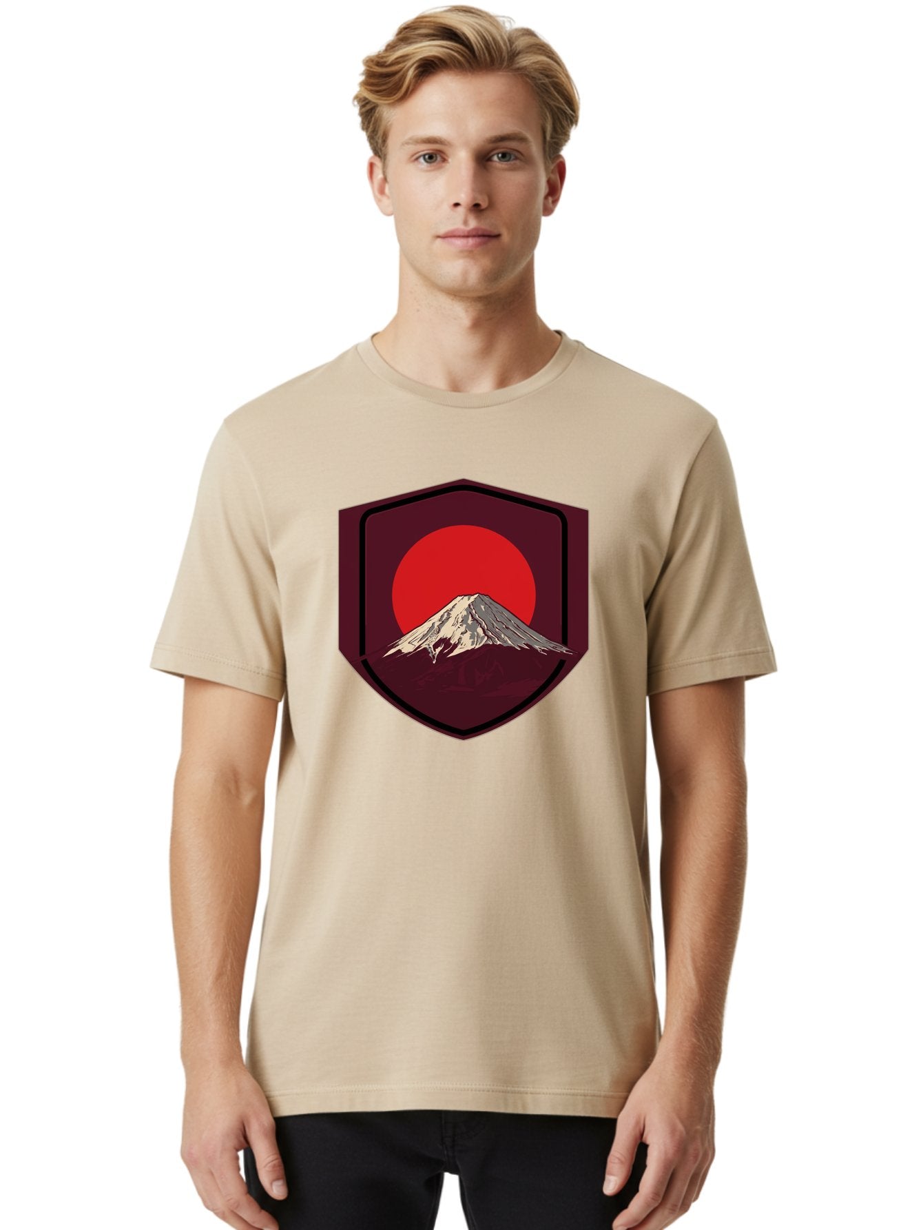 Mount-Fuji-Badge Men'S Graphic Tee, 100% Cotton, Comfortable Casual Summer Wear, Machine Washable, Mount Fuji, Japanese Mountain, Red Sun, Shield Emblem, Mountain Landscape, Japanese Culture, Iconic Symbol, Graphic Design, Red Circle Bad975 20
