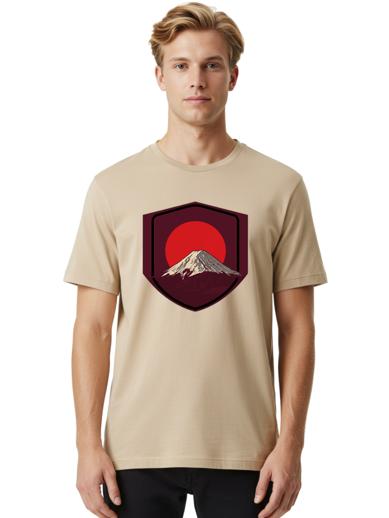 Mount-Fuji-Badge Men'S Graphic Tee, 100% Cotton, Comfortable Casual Summer Wear, Machine Washable, Mount Fuji, Japanese Mountain, Red Sun, Shield Emblem, Mountain Landscape, Japanese Culture, Iconic Symbol, Graphic Design, Red Circle Bad975 30