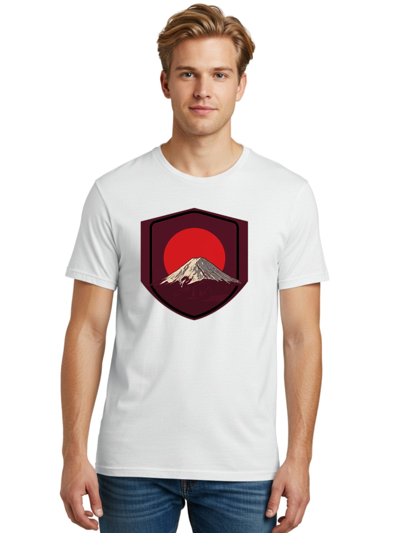 Mount-Fuji-Badge Men'S Graphic Tee, 100% Cotton, Comfortable Casual Summer Wear, Machine Washable, Mount Fuji, Japanese Mountain, Red Sun, Shield Emblem, Mountain Landscape, Japanese Culture, Iconic Symbol, Graphic Design, Red Circle Bad975 29
