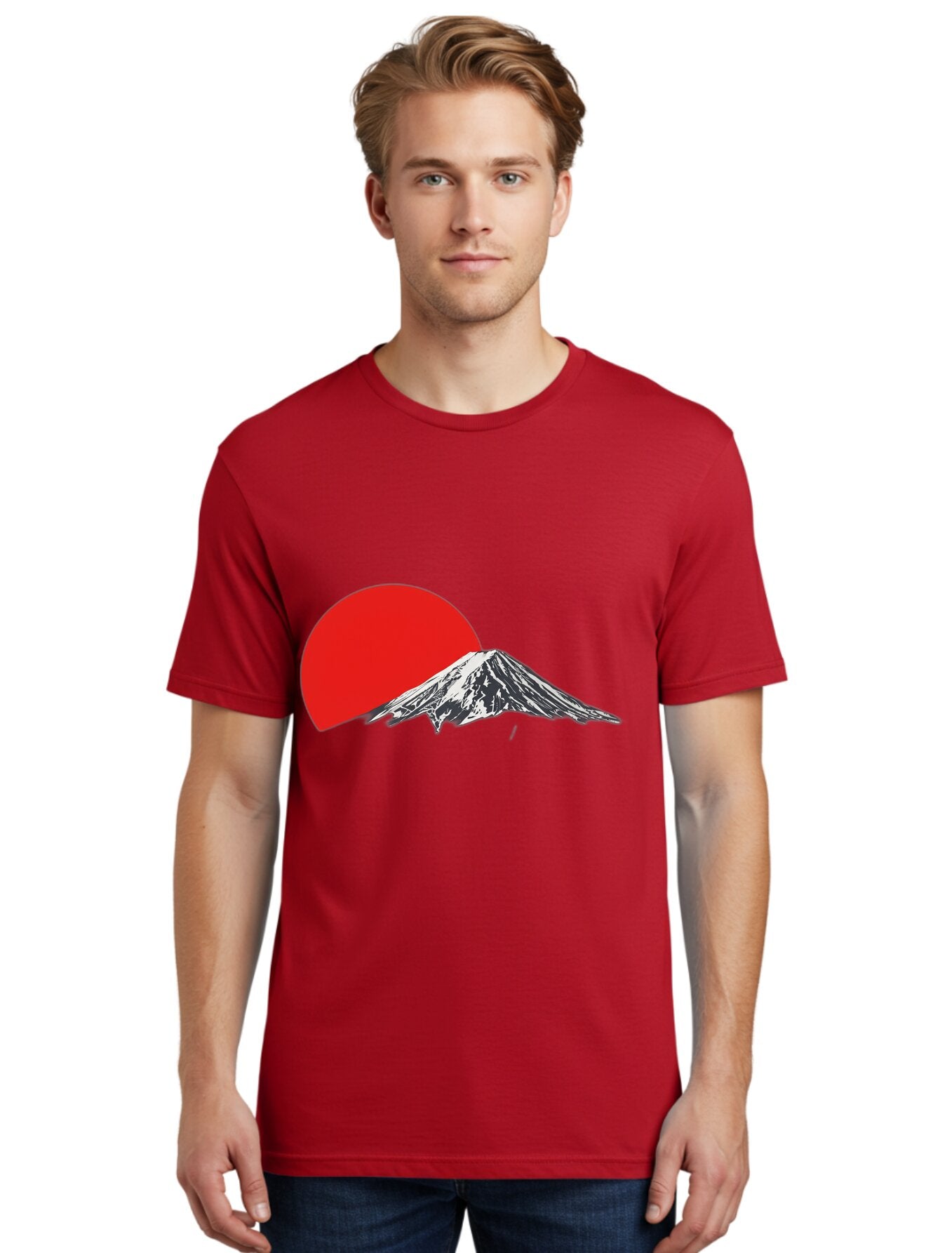 Mount-Fuji-Sunset Men'S Graphic Tee, 100% Cotton, Comfortable Casual Summer Wear, Machine Washable, Mount Fuji Landscape, Red Sun, Mountain Scenery, Serene Landscape, Japanese Culture, Iconic Landmark, Minimalist Design, Simple Art Bad976 18