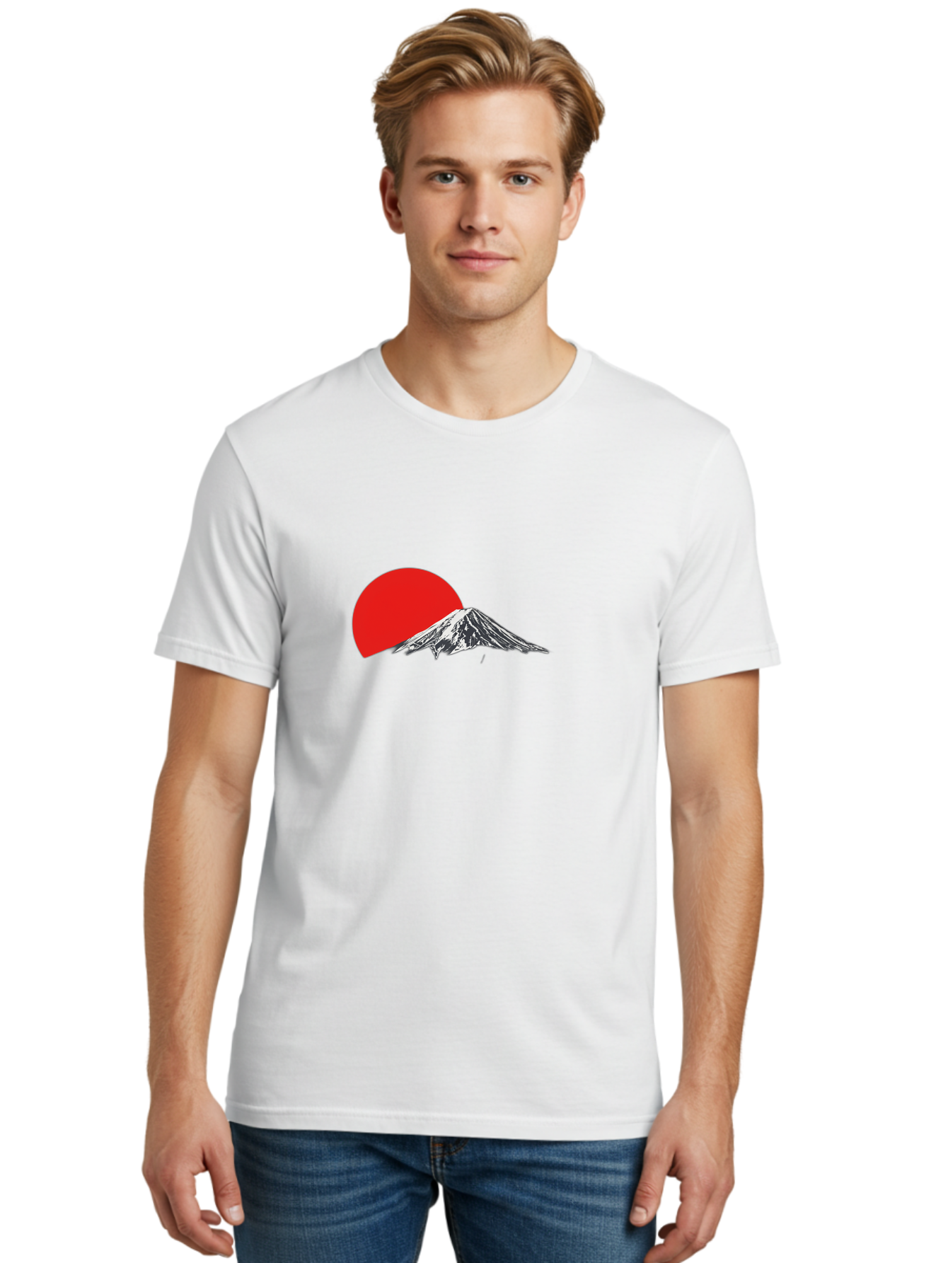 Mount-Fuji-Sunset Men'S Graphic Tee, 100% Cotton, Comfortable Casual Summer Wear, Machine Washable, Mount Fuji Landscape, Red Sun, Mountain Scenery, Serene Landscape, Japanese Culture, Iconic Landmark, Minimalist Design, Simple Art Bad976 18