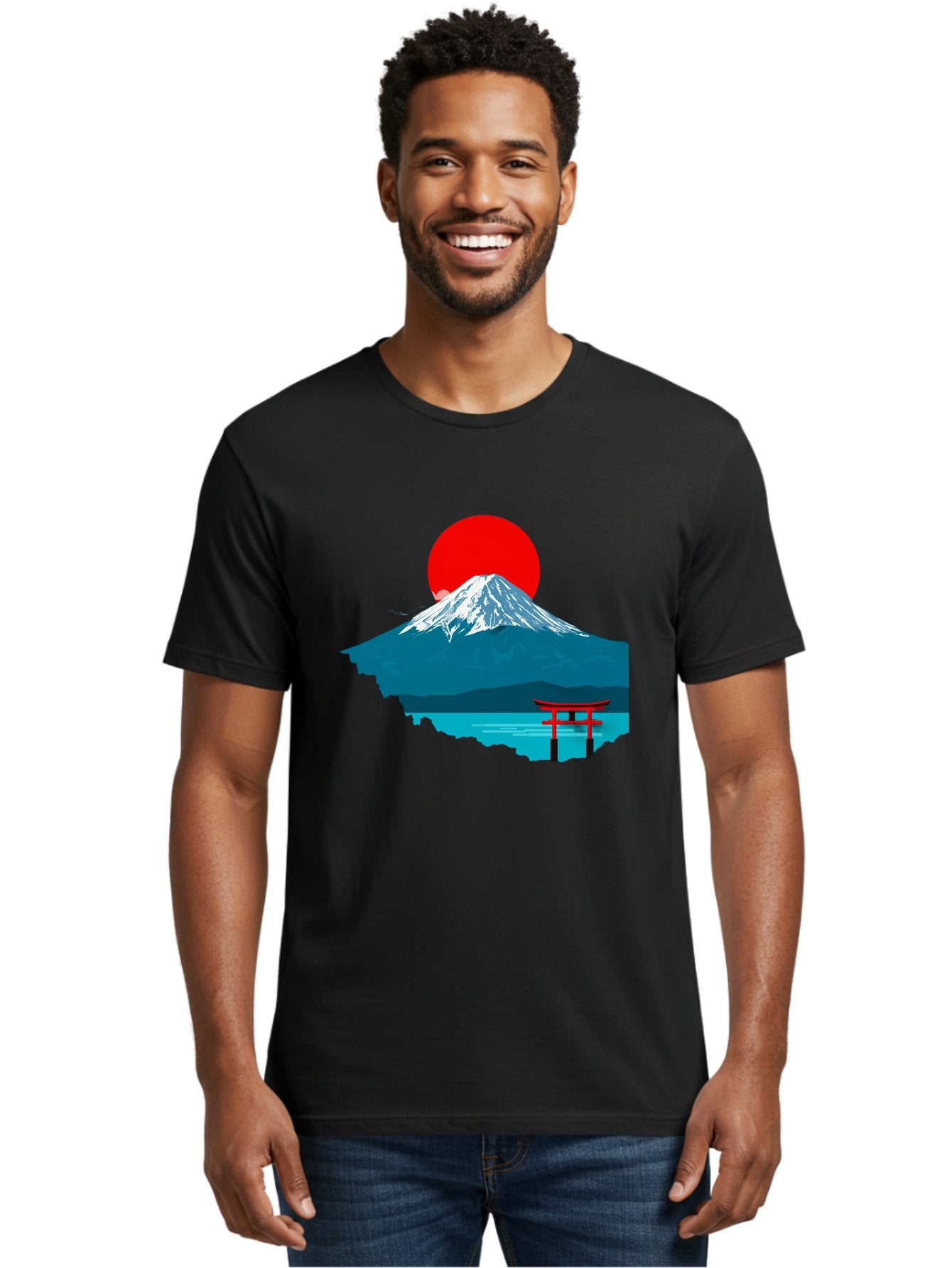Mount-Fuji-Torii Men'S Graphic Tee, 100% Cotton, Comfortable Casual Summer Wear, Machine Washable, Mount Fuji Landscape, Japanese Scenery, Torii Gate, Red Sun, Serene Lake, Snowy Mountain, Traditional Japan, Vibrant Colors, Iconic Landmarks, Bad977 24