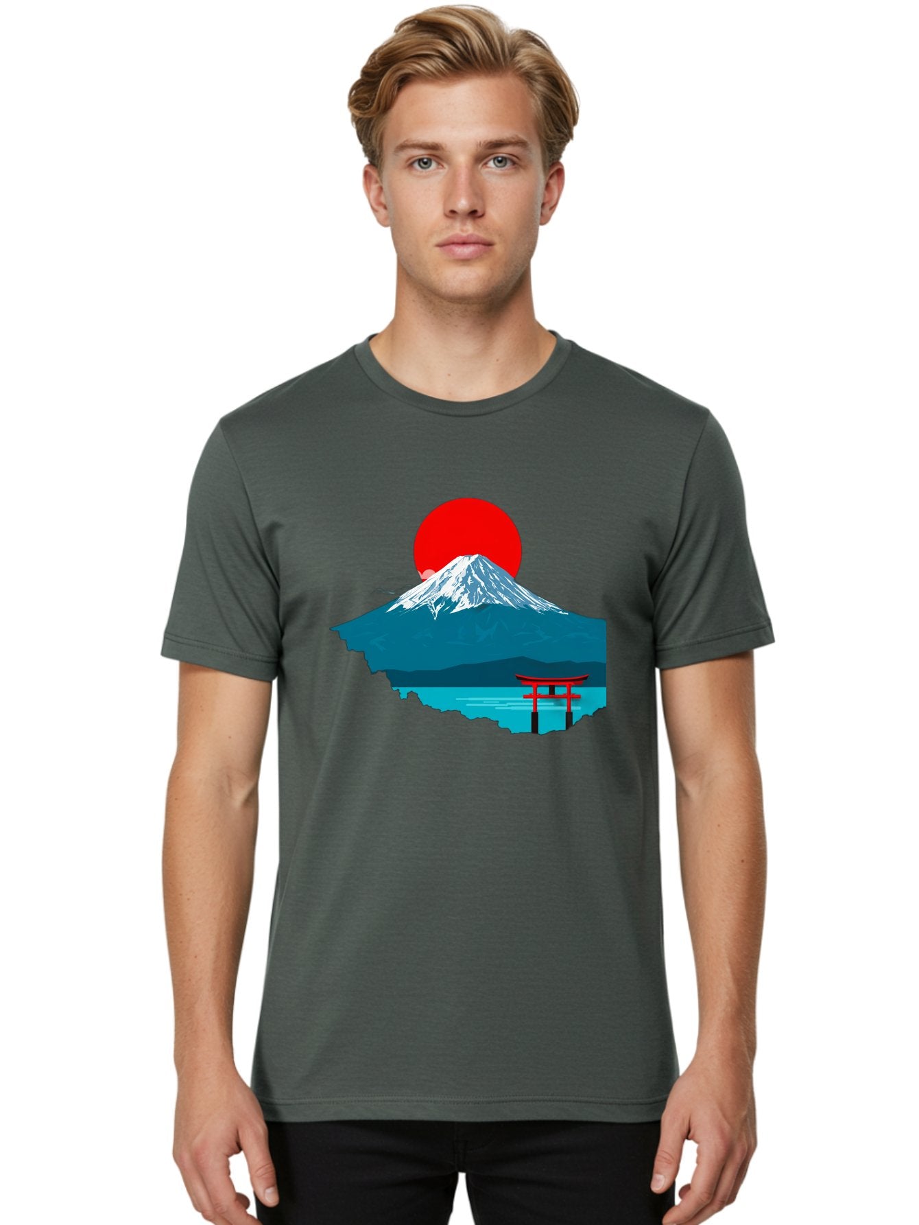 Mount-Fuji-Torii Men'S Graphic Tee, 100% Cotton, Comfortable Casual Summer Wear, Machine Washable, Mount Fuji Landscape, Japanese Scenery, Torii Gate, Red Sun, Serene Lake, Snowy Mountain, Traditional Japan, Vibrant Colors, Iconic Landmarks, Bad977 17
