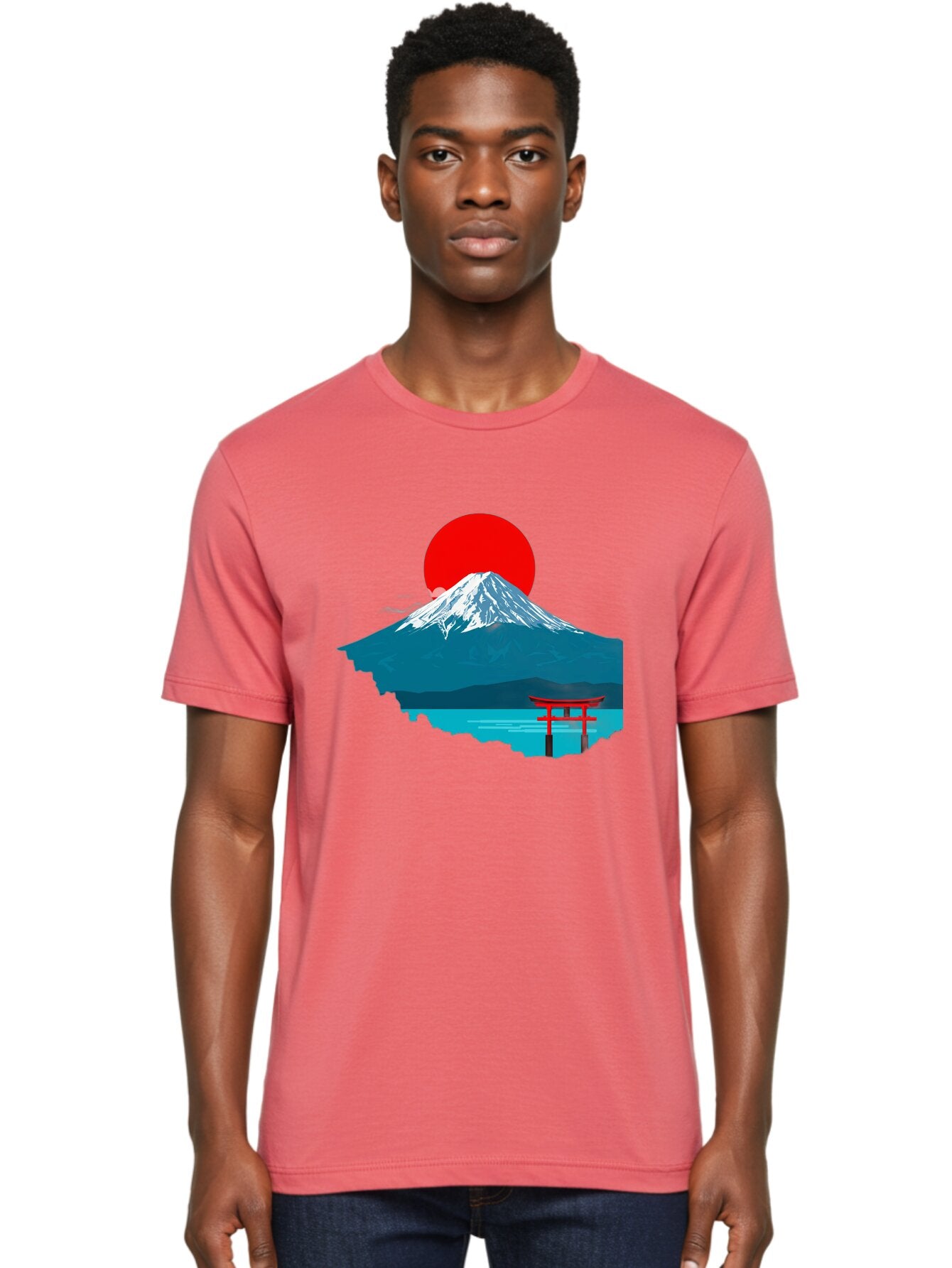 Mount-Fuji-Torii Men'S Graphic Tee, 100% Cotton, Comfortable Casual Summer Wear, Machine Washable, Mount Fuji Landscape, Japanese Scenery, Torii Gate, Red Sun, Serene Lake, Snowy Mountain, Traditional Japan, Vibrant Colors, Iconic Landmarks, Bad977 23