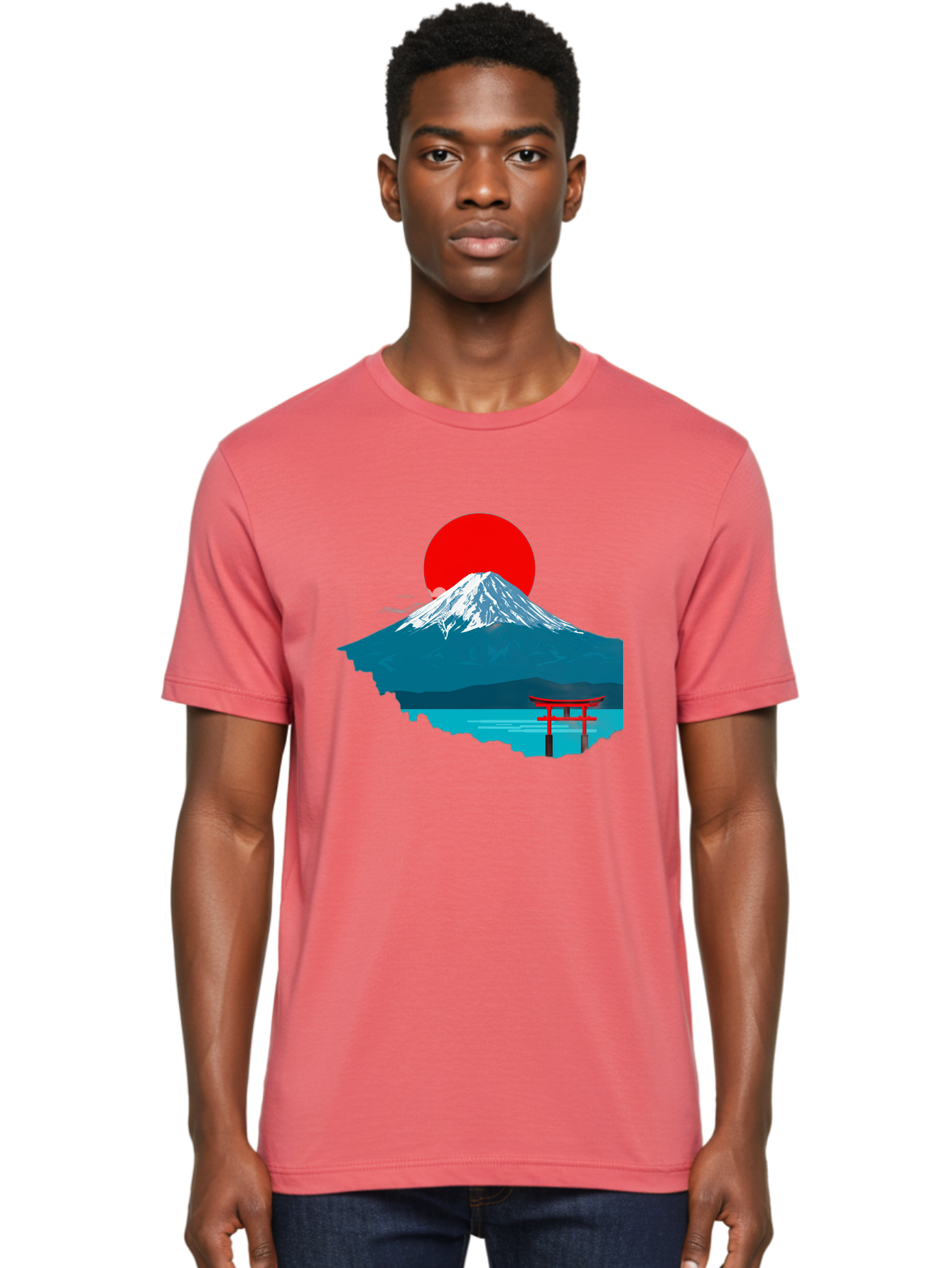 Mount-Fuji-Torii Men'S Graphic Tee, 100% Cotton, Comfortable Casual Summer Wear, Machine Washable, Mount Fuji Landscape, Japanese Scenery, Torii Gate, Red Sun, Serene Lake, Snowy Mountain, Traditional Japan, Vibrant Colors, Iconic Landmarks, Bad977 23