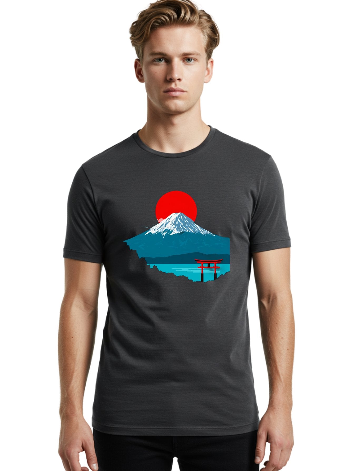 Mount-Fuji-Torii Men'S Graphic Tee, 100% Cotton, Comfortable Casual Summer Wear, Machine Washable, Mount Fuji Landscape, Japanese Scenery, Torii Gate, Red Sun, Serene Lake, Snowy Mountain, Traditional Japan, Vibrant Colors, Iconic Landmarks, Bad977 21