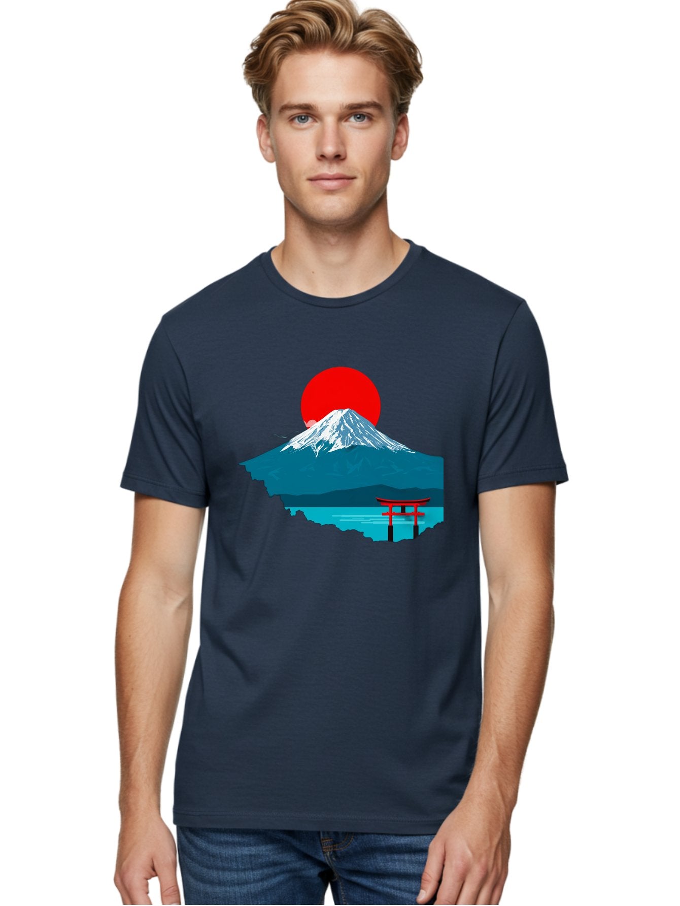 Mount-Fuji-Torii Men'S Graphic Tee, 100% Cotton, Comfortable Casual Summer Wear, Machine Washable, Mount Fuji Landscape, Japanese Scenery, Torii Gate, Red Sun, Serene Lake, Snowy Mountain, Traditional Japan, Vibrant Colors, Iconic Landmarks, Bad977 20