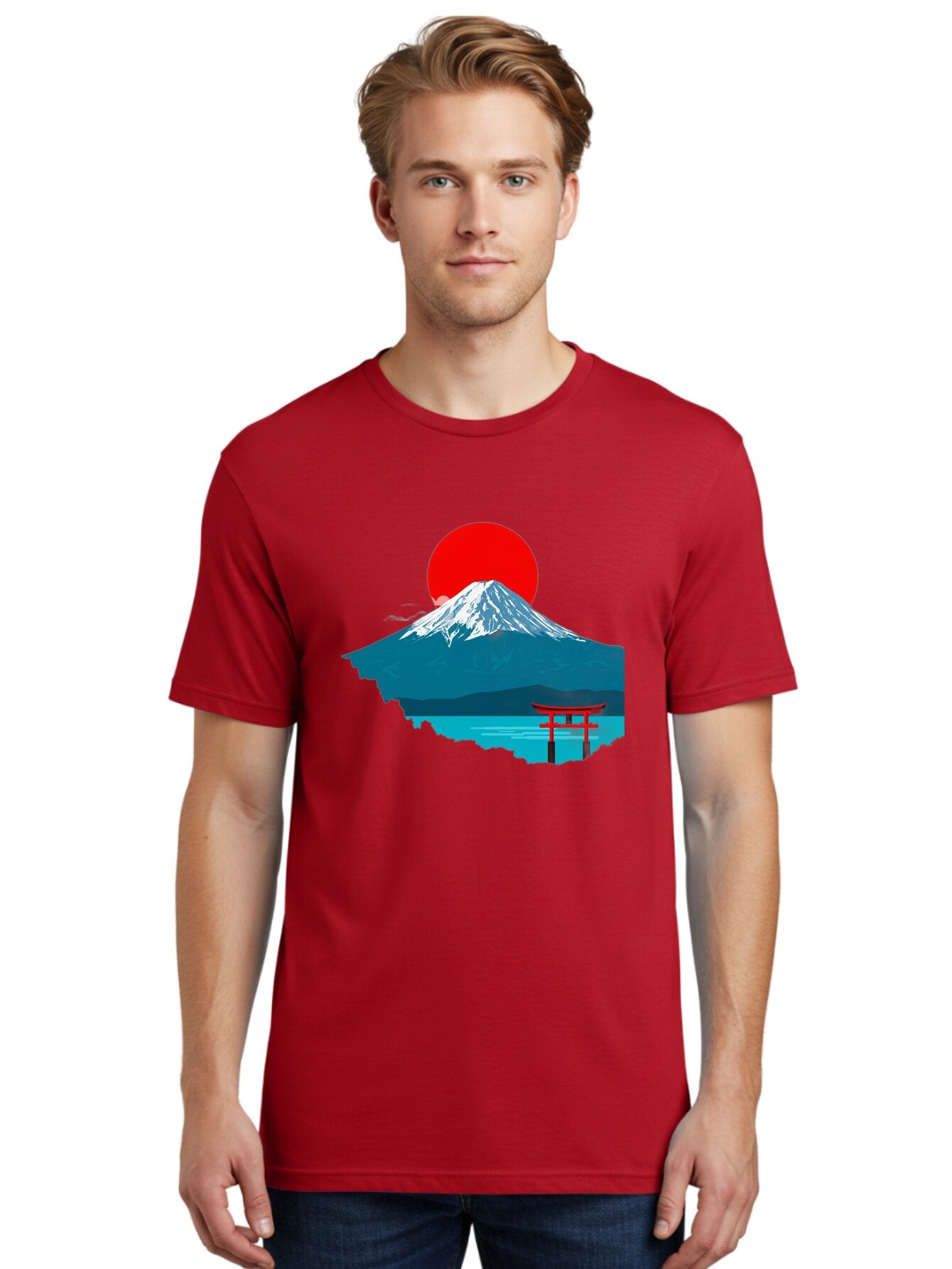 Mount-Fuji-Torii Men'S Graphic Tee, 100% Cotton, Comfortable Casual Summer Wear, Machine Washable, Mount Fuji Landscape, Japanese Scenery, Torii Gate, Red Sun, Serene Lake, Snowy Mountain, Traditional Japan, Vibrant Colors, Iconic Landmarks, Bad977 30