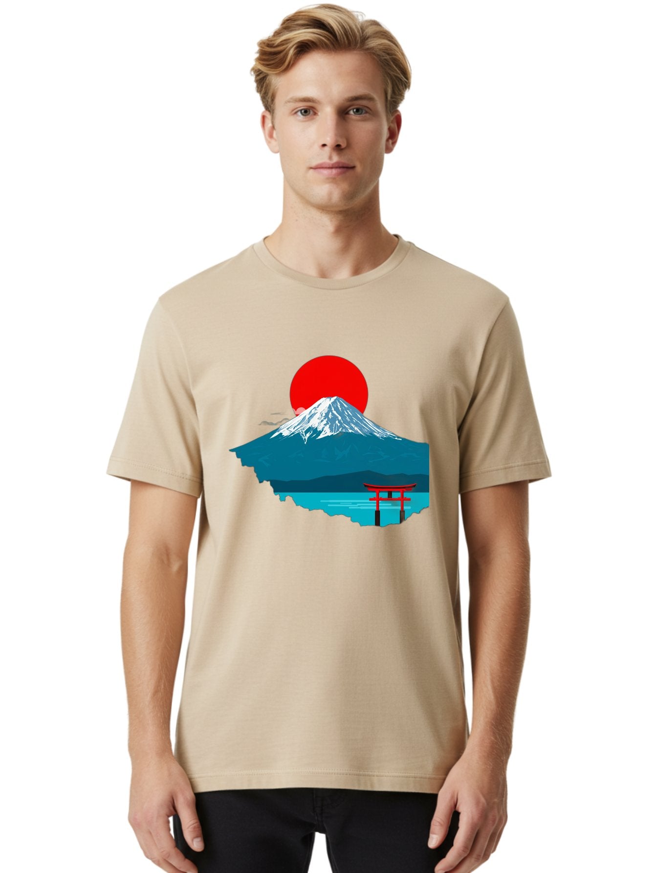 Mount-Fuji-Torii Men'S Graphic Tee, 100% Cotton, Comfortable Casual Summer Wear, Machine Washable, Mount Fuji Landscape, Japanese Scenery, Torii Gate, Red Sun, Serene Lake, Snowy Mountain, Traditional Japan, Vibrant Colors, Iconic Landmarks, Bad977 22