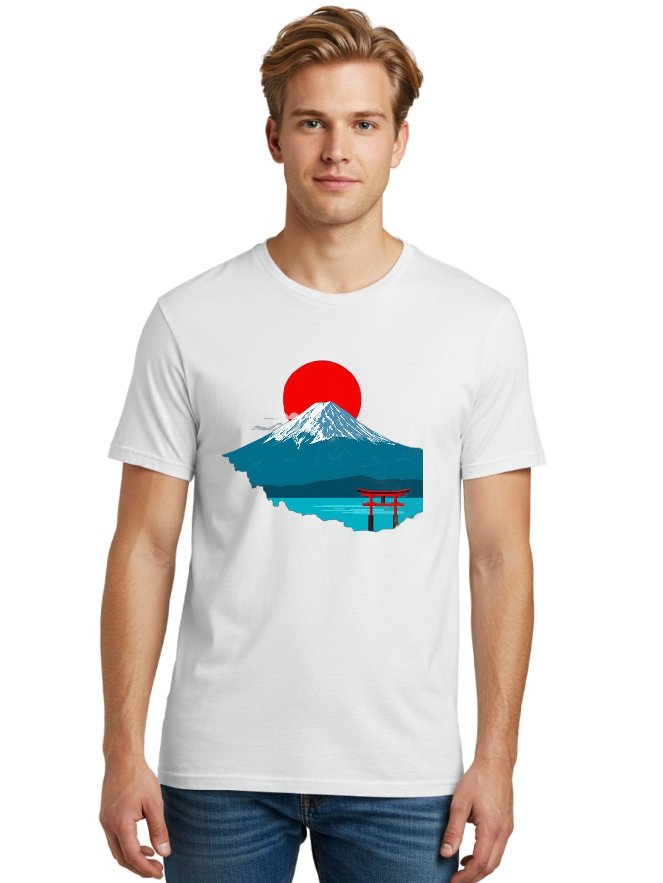 Mount-Fuji-Torii Men'S Graphic Tee, 100% Cotton, Comfortable Casual Summer Wear, Machine Washable, Mount Fuji Landscape, Japanese Scenery, Torii Gate, Red Sun, Serene Lake, Snowy Mountain, Traditional Japan, Vibrant Colors, Iconic Landmarks, Bad977 28