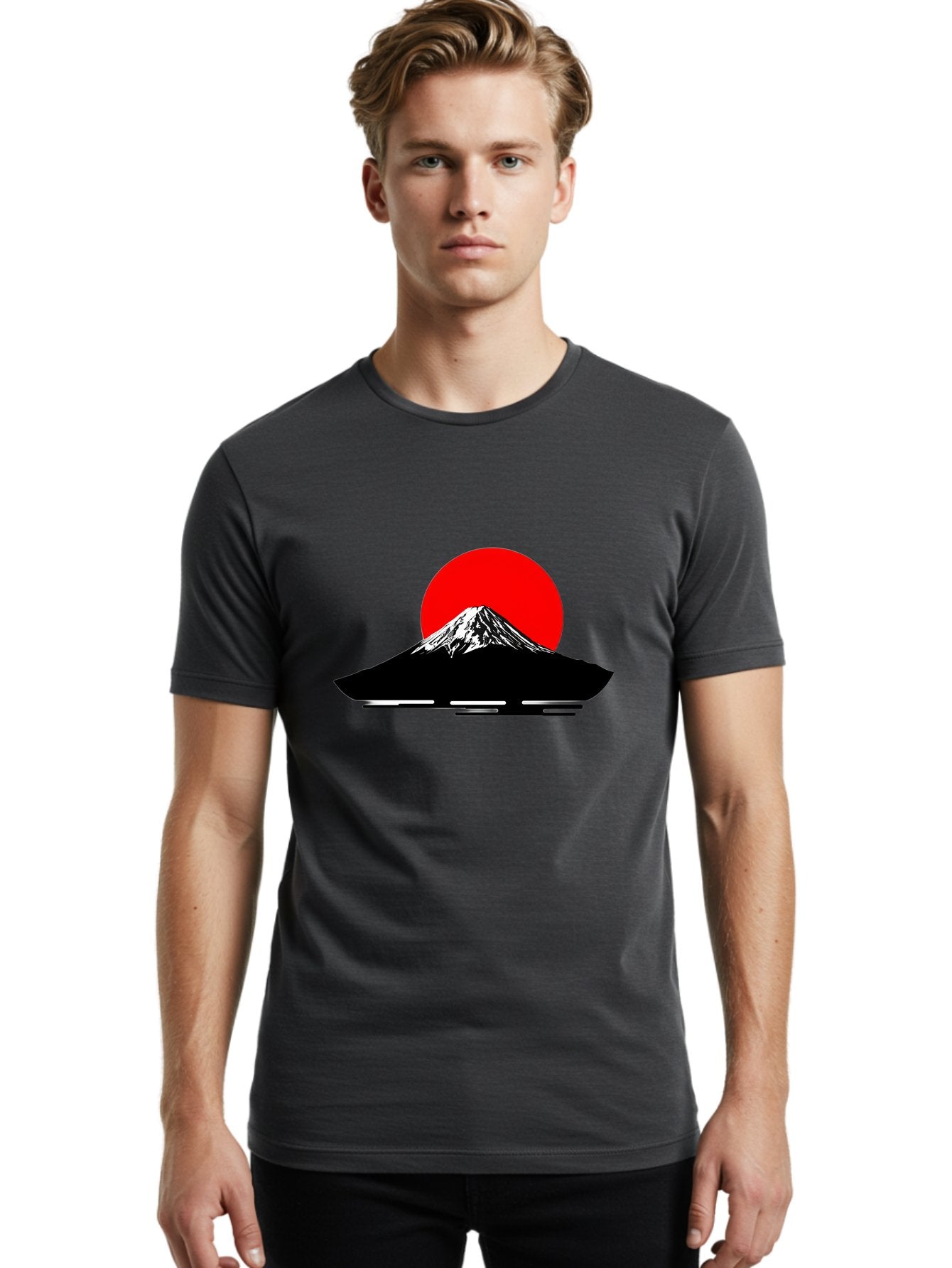 Mount-Fuji Men'S Graphic Tee, 100% Cotton, Comfortable Casual Summer Wear, Machine Washable, Mount Fuji Landscape, Red Sun, Minimalist Design, Iconic Mountain, Japanese Scenery, Striking Silhouette, Simple Shapes, Bold Colors Bad978 29