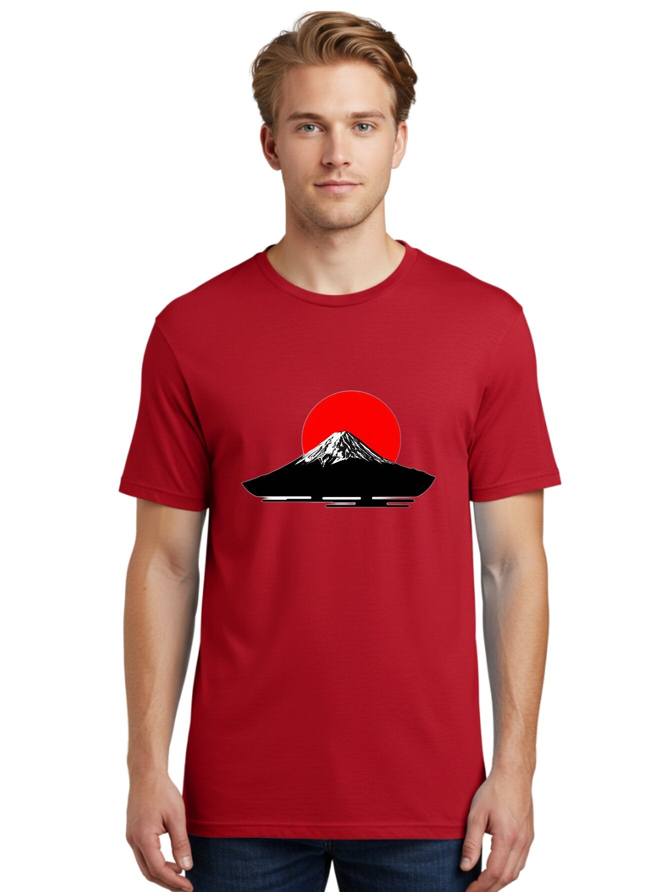 Mount-Fuji Men'S Graphic Tee, 100% Cotton, Comfortable Casual Summer Wear, Machine Washable, Mount Fuji Landscape, Red Sun, Minimalist Design, Iconic Mountain, Japanese Scenery, Striking Silhouette, Simple Shapes, Bold Colors Bad978 30