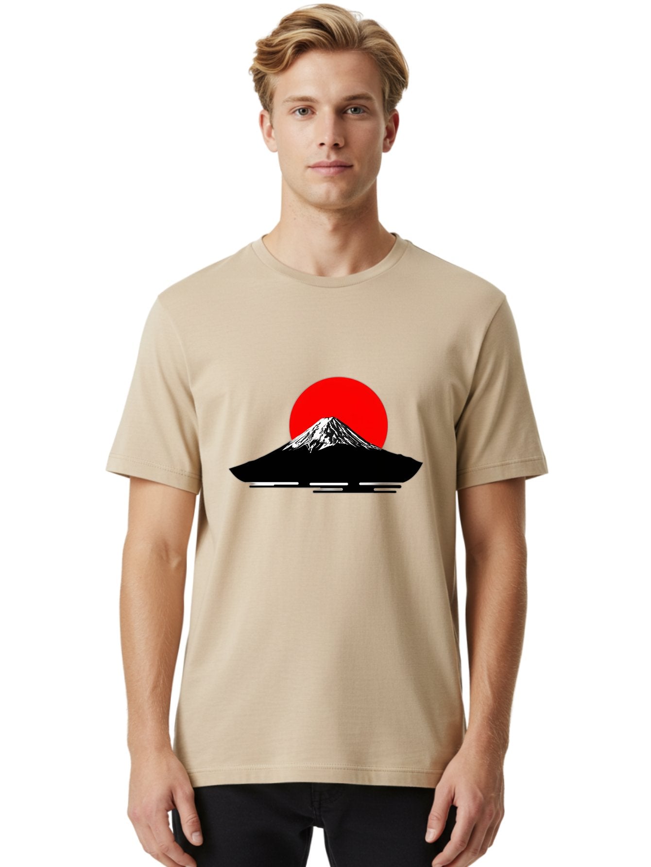 Mount-Fuji Men'S Graphic Tee, 100% Cotton, Comfortable Casual Summer Wear, Machine Washable, Mount Fuji Landscape, Red Sun, Minimalist Design, Iconic Mountain, Japanese Scenery, Striking Silhouette, Simple Shapes, Bold Colors Bad978 26