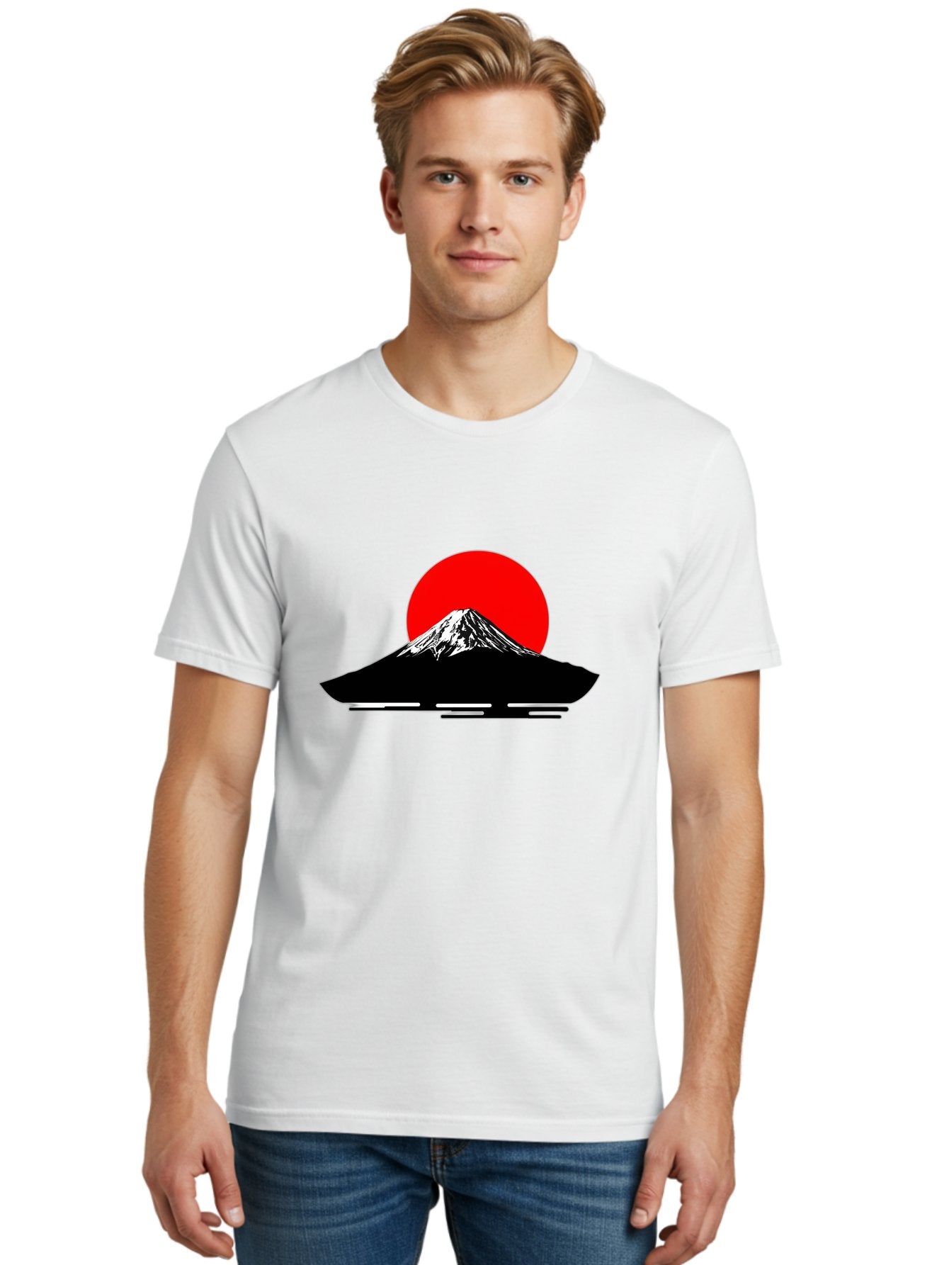 Mount-Fuji Men'S Graphic Tee, 100% Cotton, Comfortable Casual Summer Wear, Machine Washable, Mount Fuji Landscape, Red Sun, Minimalist Design, Iconic Mountain, Japanese Scenery, Striking Silhouette, Simple Shapes, Bold Colors Bad978 19