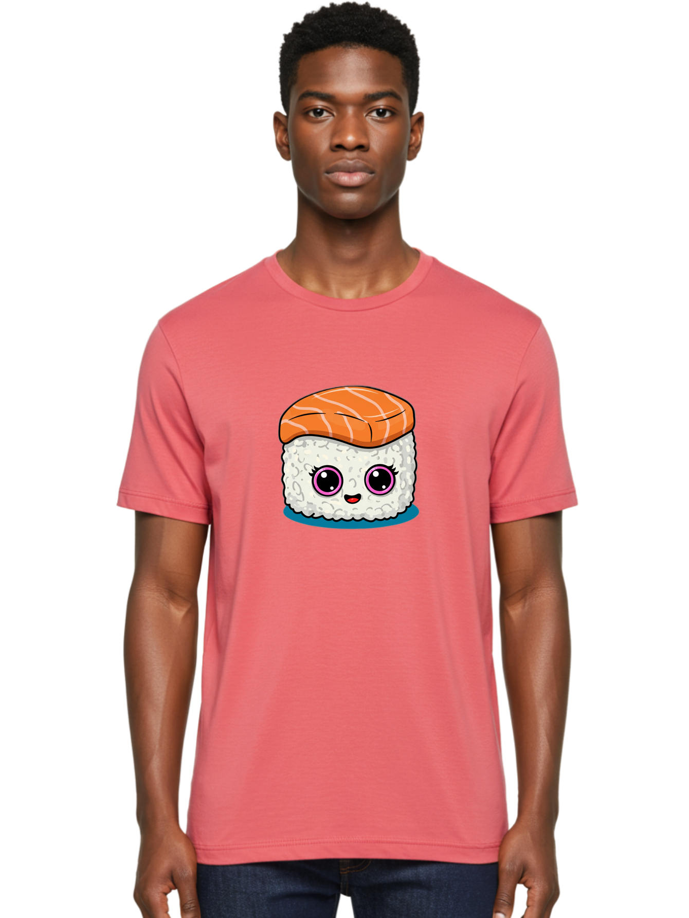 Salmon-Sushi Men'S Graphic Tee, 100% Cotton, Comfortable Casual Summer Wear, Machine Washable, Cartoon Sushi, Cute Sushi, Kawaii Food, Salmon Nigiri, Japanese Cuisine, Adorable Characters, Food Illustration, Sushi Art, Cartoon Character Design Bad988 19
