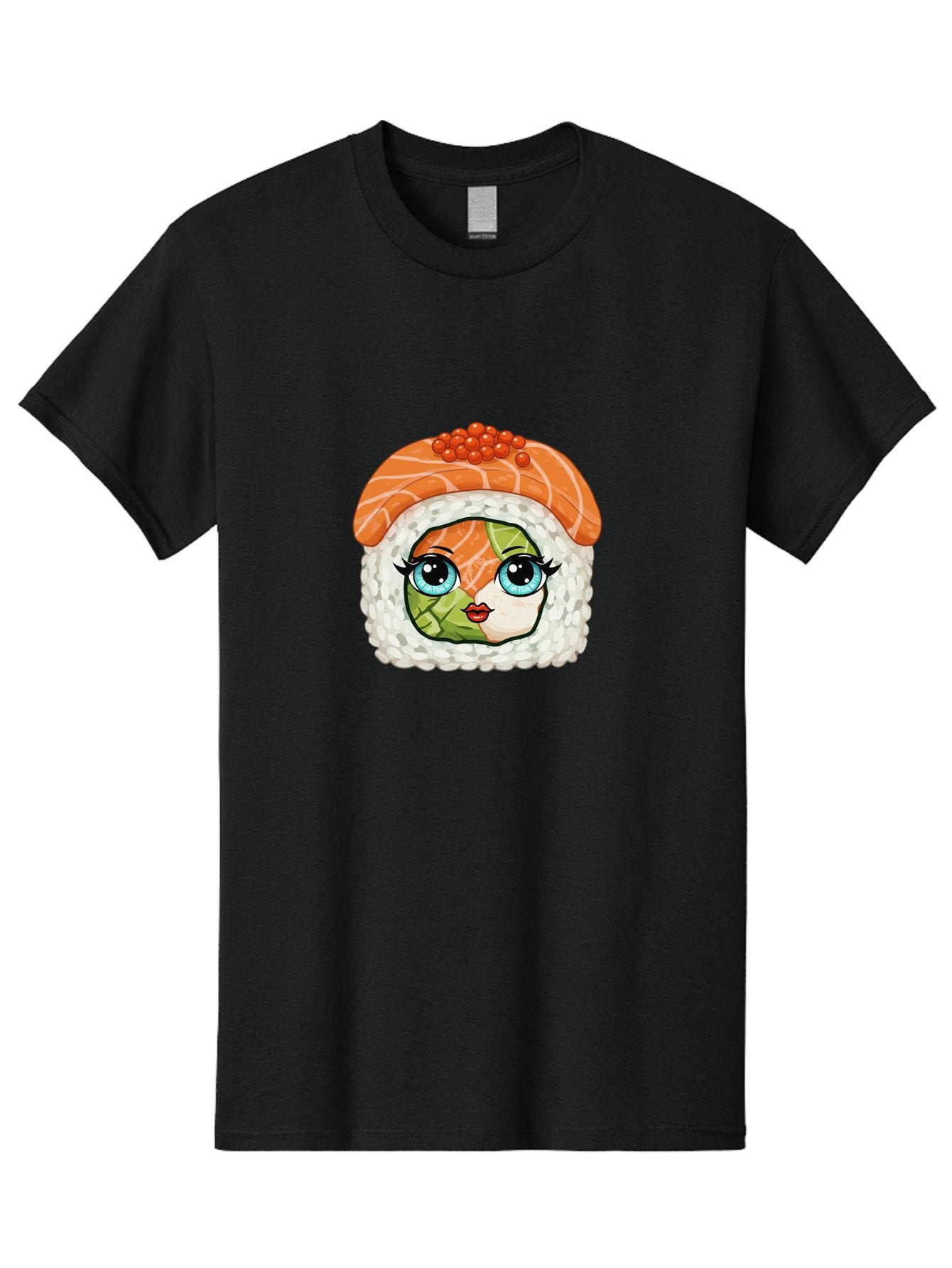 Sushi-Face Men'S Graphic Tee, 100% Cotton, Comfortable Casual Summer Wear, Machine Washable, Kawaii Sushi, Cartoon Sushi Roll, Sushi Art, Food Illustration, Sushi Character, Orange Salmon, Green Filling, Red Caviar, Blue Eyes, Cute Face Bad996 15