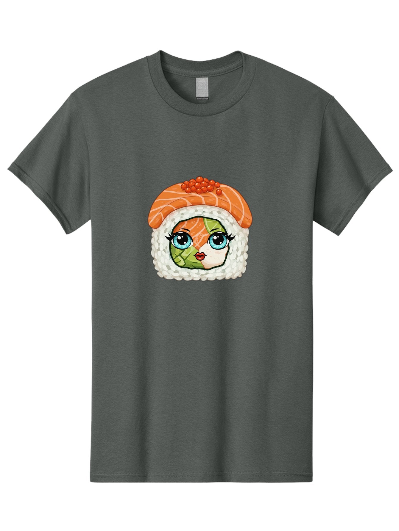Sushi-Face Men'S Graphic Tee, 100% Cotton, Comfortable Casual Summer Wear, Machine Washable, Kawaii Sushi, Cartoon Sushi Roll, Sushi Art, Food Illustration, Sushi Character, Orange Salmon, Green Filling, Red Caviar, Blue Eyes, Cute Face Bad996 8