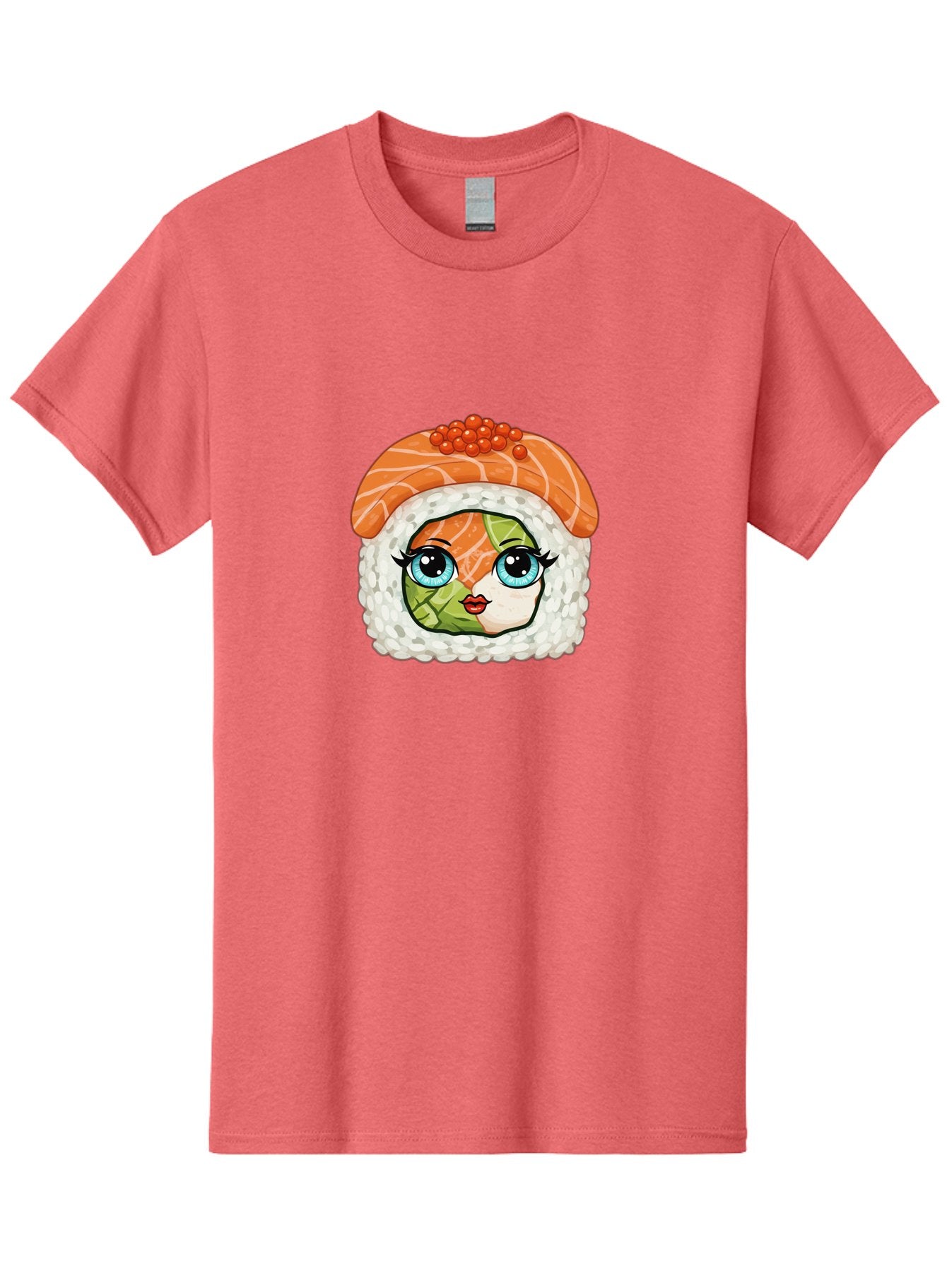 Sushi-Face Men'S Graphic Tee, 100% Cotton, Comfortable Casual Summer Wear, Machine Washable, Kawaii Sushi, Cartoon Sushi Roll, Sushi Art, Food Illustration, Sushi Character, Orange Salmon, Green Filling, Red Caviar, Blue Eyes, Cute Face Bad996 7