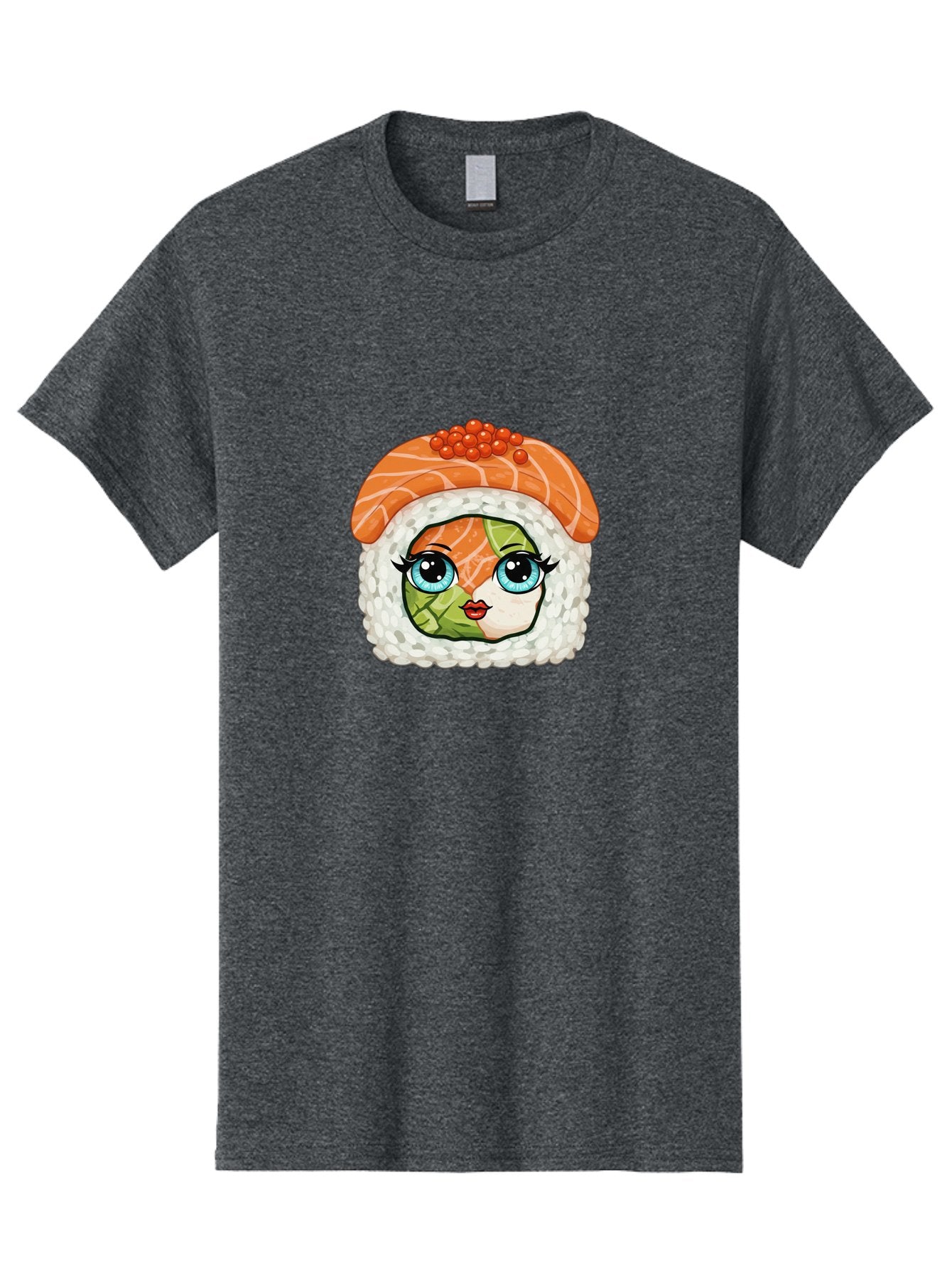 Sushi-Face Men'S Graphic Tee, 100% Cotton, Comfortable Casual Summer Wear, Machine Washable, Kawaii Sushi, Cartoon Sushi Roll, Sushi Art, Food Illustration, Sushi Character, Orange Salmon, Green Filling, Red Caviar, Blue Eyes, Cute Face Bad996 9
