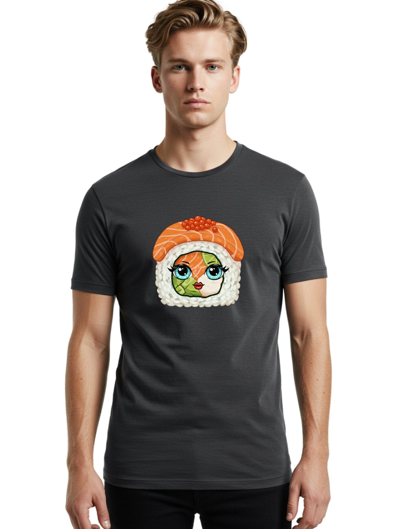 Sushi-Face Men'S Graphic Tee, 100% Cotton, Comfortable Casual Summer Wear, Machine Washable, Kawaii Sushi, Cartoon Sushi Roll, Sushi Art, Food Illustration, Sushi Character, Orange Salmon, Green Filling, Red Caviar, Blue Eyes, Cute Face Bad996 26