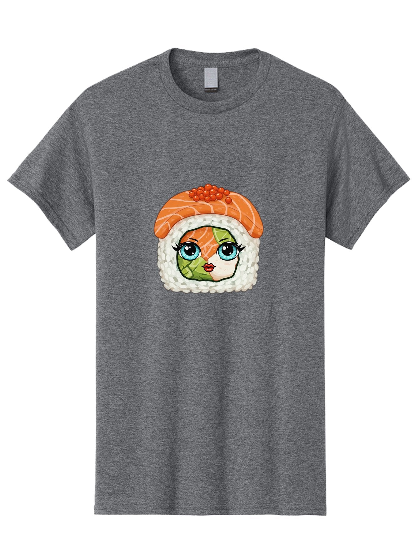 Sushi-Face Men'S Graphic Tee, 100% Cotton, Comfortable Casual Summer Wear, Machine Washable, Kawaii Sushi, Cartoon Sushi Roll, Sushi Art, Food Illustration, Sushi Character, Orange Salmon, Green Filling, Red Caviar, Blue Eyes, Cute Face Bad996 3