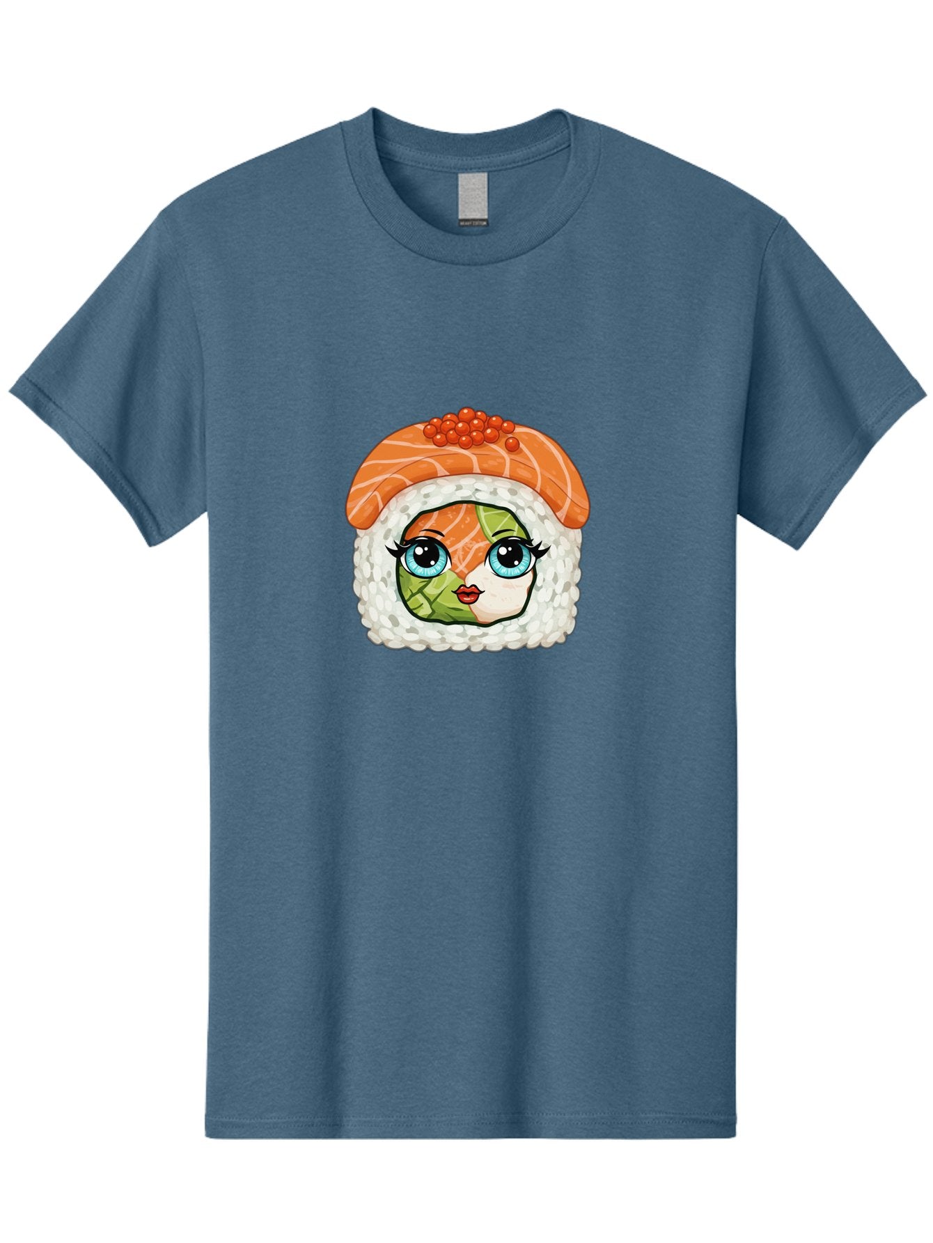 Sushi-Face Men'S Graphic Tee, 100% Cotton, Comfortable Casual Summer Wear, Machine Washable, Kawaii Sushi, Cartoon Sushi Roll, Sushi Art, Food Illustration, Sushi Character, Orange Salmon, Green Filling, Red Caviar, Blue Eyes, Cute Face Bad996 13