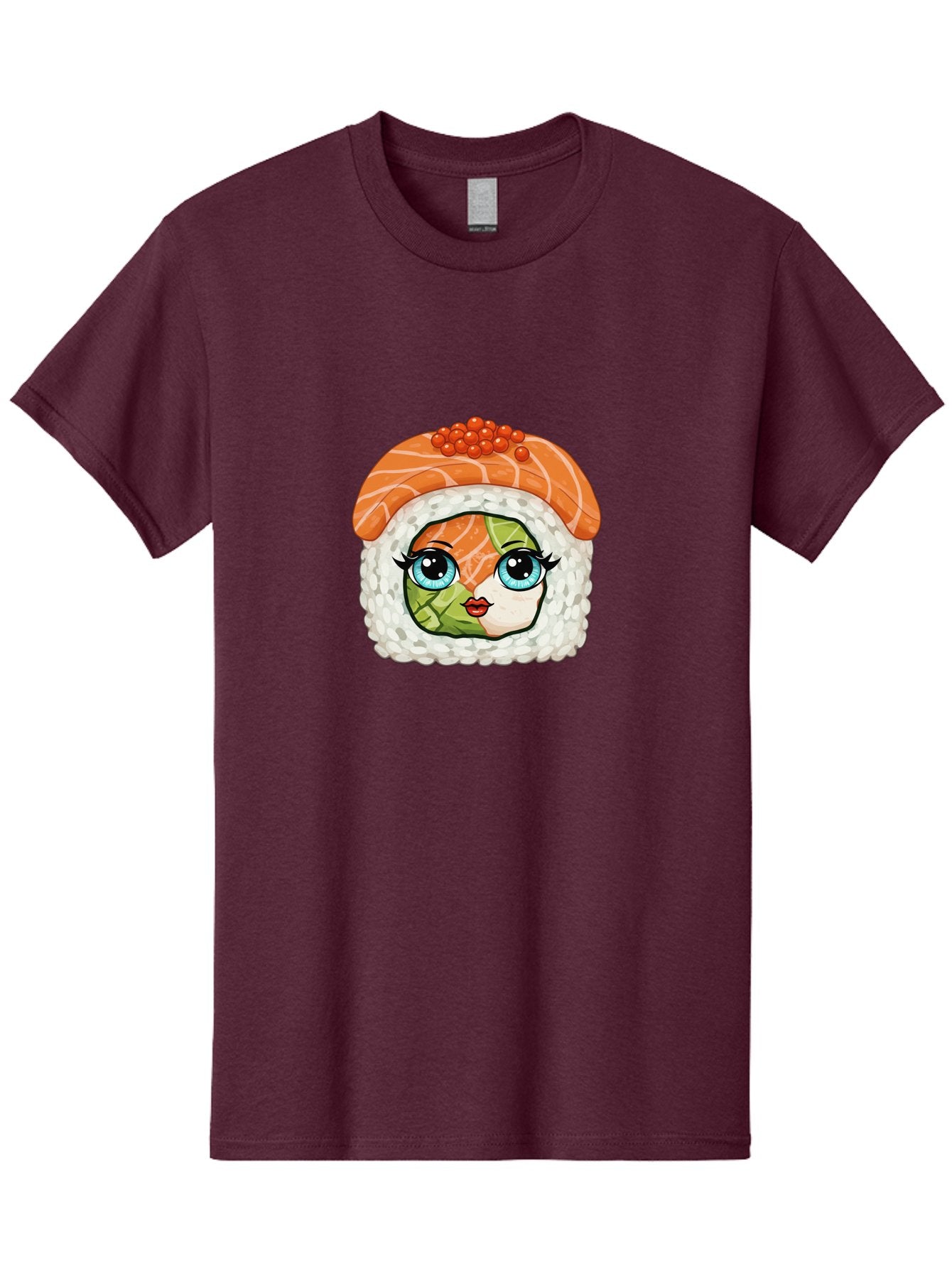 Sushi-Face Men'S Graphic Tee, 100% Cotton, Comfortable Casual Summer Wear, Machine Washable, Kawaii Sushi, Cartoon Sushi Roll, Sushi Art, Food Illustration, Sushi Character, Orange Salmon, Green Filling, Red Caviar, Blue Eyes, Cute Face Bad996