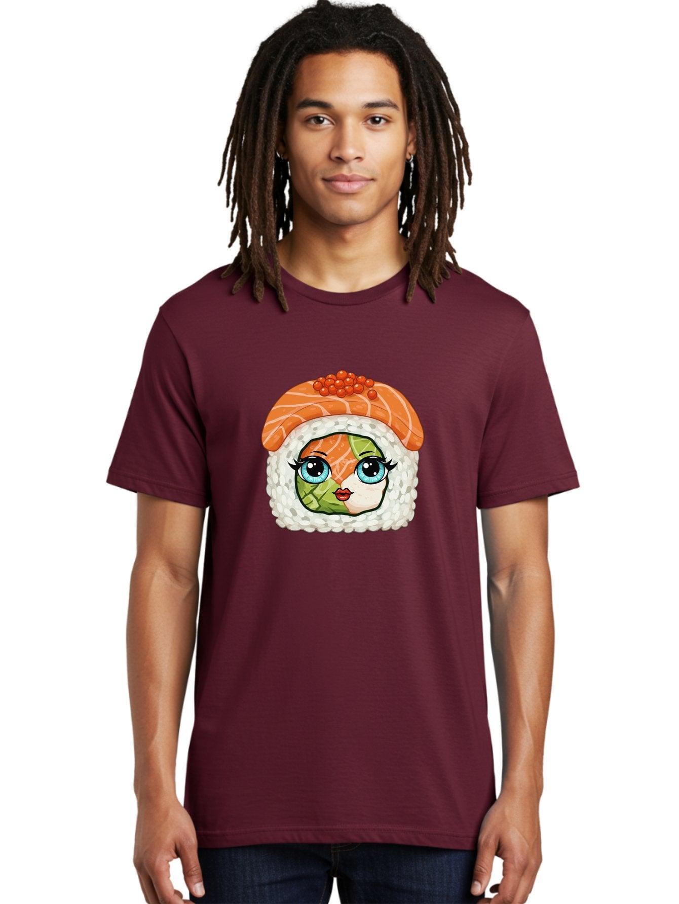 Sushi-Face Men'S Graphic Tee, 100% Cotton, Comfortable Casual Summer Wear, Machine Washable, Kawaii Sushi, Cartoon Sushi Roll, Sushi Art, Food Illustration, Sushi Character, Orange Salmon, Green Filling, Red Caviar, Blue Eyes, Cute Face Bad996 21