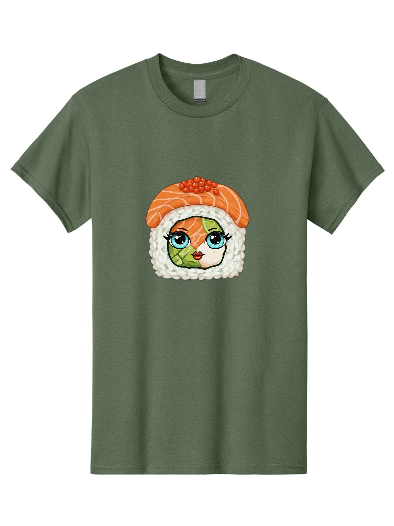 Sushi-Face Men'S Graphic Tee, 100% Cotton, Comfortable Casual Summer Wear, Machine Washable, Kawaii Sushi, Cartoon Sushi Roll, Sushi Art, Food Illustration, Sushi Character, Orange Salmon, Green Filling, Red Caviar, Blue Eyes, Cute Face Bad996