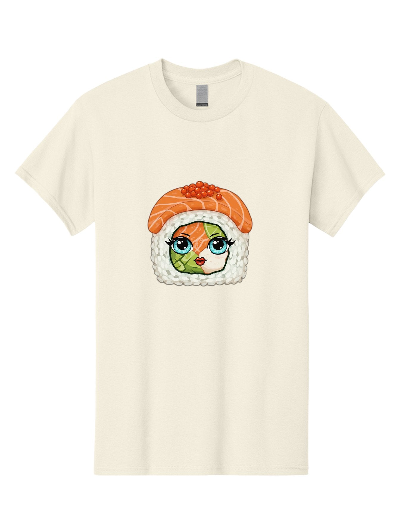 Sushi-Face Men'S Graphic Tee, 100% Cotton, Comfortable Casual Summer Wear, Machine Washable, Kawaii Sushi, Cartoon Sushi Roll, Sushi Art, Food Illustration, Sushi Character, Orange Salmon, Green Filling, Red Caviar, Blue Eyes, Cute Face Bad996 4