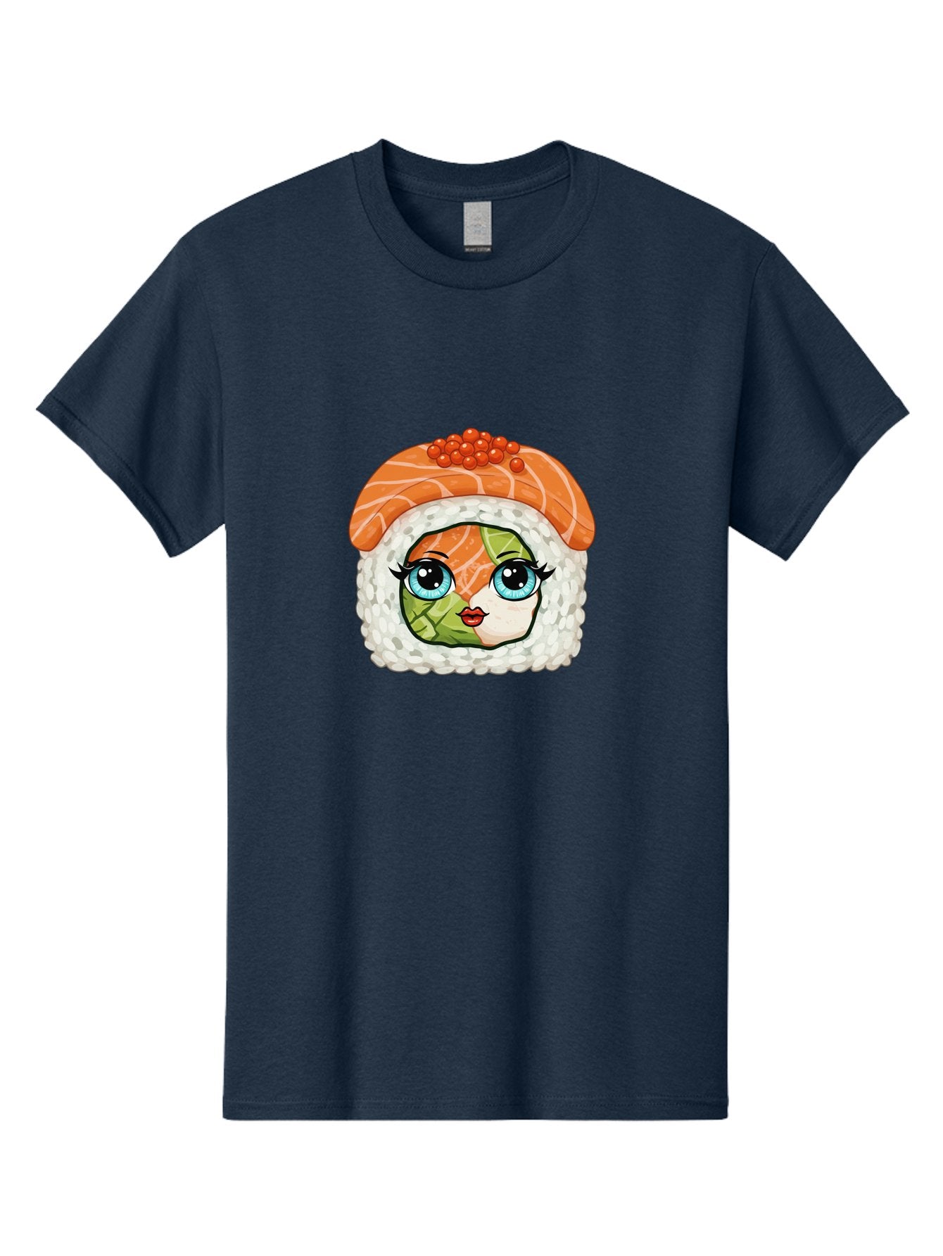 Sushi-Face Men'S Graphic Tee, 100% Cotton, Comfortable Casual Summer Wear, Machine Washable, Kawaii Sushi, Cartoon Sushi Roll, Sushi Art, Food Illustration, Sushi Character, Orange Salmon, Green Filling, Red Caviar, Blue Eyes, Cute Face Bad996 11