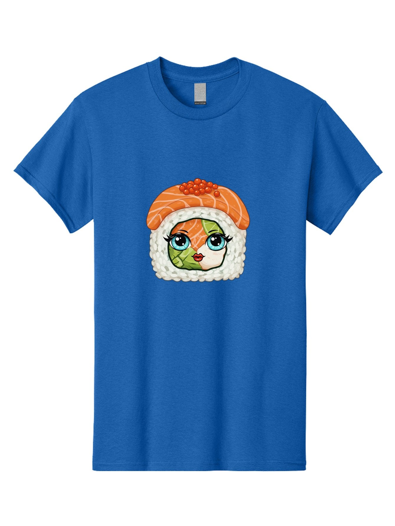 Sushi-Face Men'S Graphic Tee, 100% Cotton, Comfortable Casual Summer Wear, Machine Washable, Kawaii Sushi, Cartoon Sushi Roll, Sushi Art, Food Illustration, Sushi Character, Orange Salmon, Green Filling, Red Caviar, Blue Eyes, Cute Face Bad996 12
