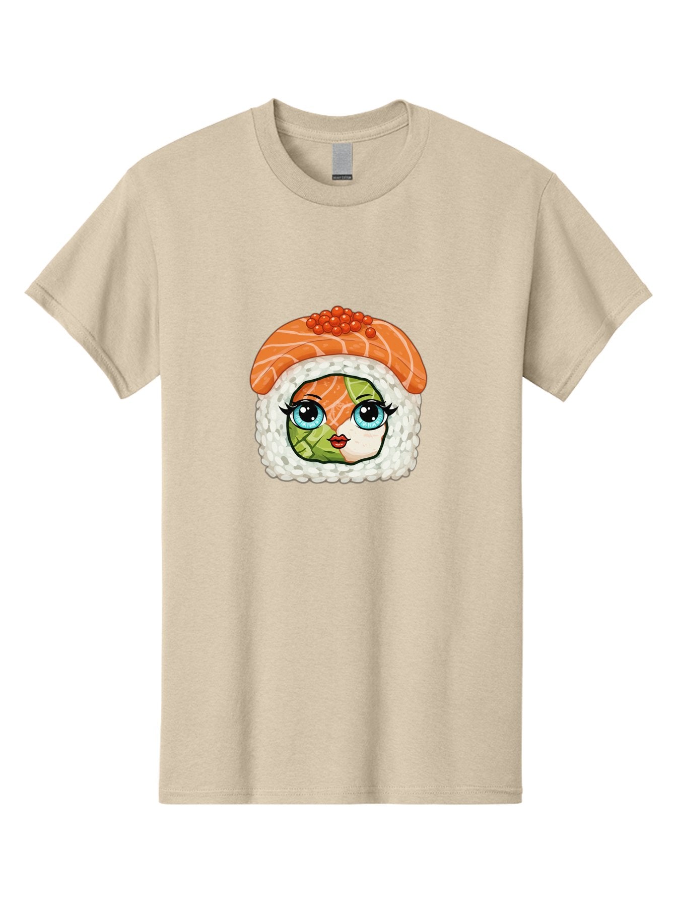 Sushi-Face Men'S Graphic Tee, 100% Cotton, Comfortable Casual Summer Wear, Machine Washable, Kawaii Sushi, Cartoon Sushi Roll, Sushi Art, Food Illustration, Sushi Character, Orange Salmon, Green Filling, Red Caviar, Blue Eyes, Cute Face Bad996 5