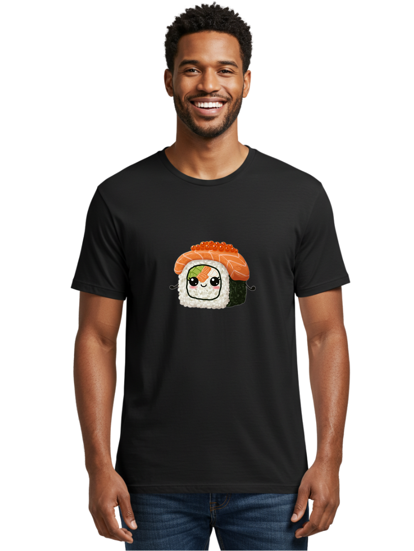 Sushi-Roll Men'S Graphic Tee, 100% Cotton, Comfortable Casual Summer Wear, Machine Washable, Kawaii Sushi Roll, Cartoon Sushi, Adorable Food, Sushi Character, Cute Anime Art, Foodie Illustrations, Mignardise, Orange Salmon, Sushi Love Bad999 20