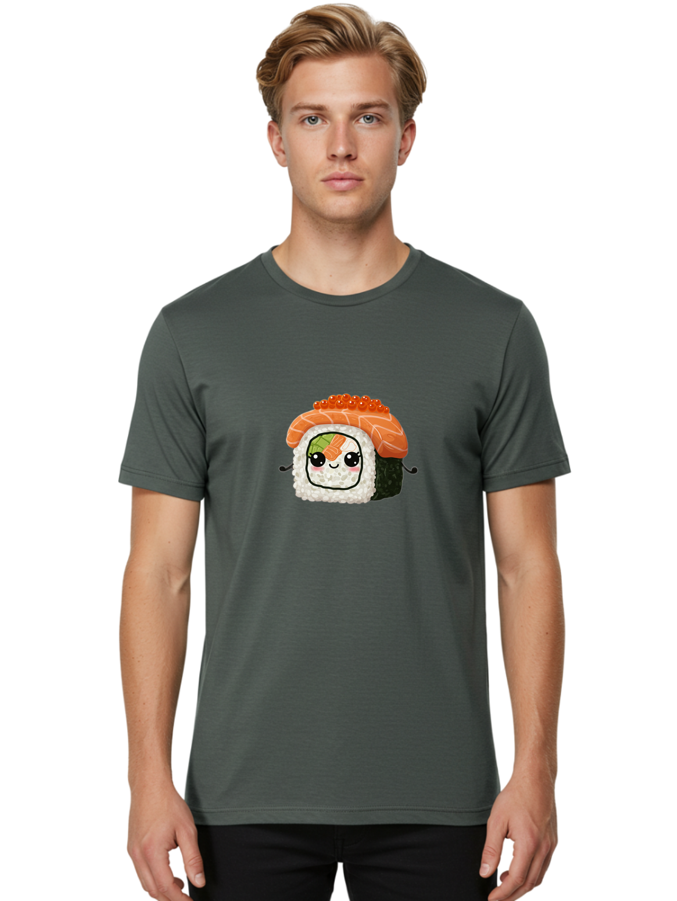 Sushi-Roll Men'S Graphic Tee, 100% Cotton, Comfortable Casual Summer Wear, Machine Washable, Kawaii Sushi Roll, Cartoon Sushi, Adorable Food, Sushi Character, Cute Anime Art, Foodie Illustrations, Mignardise, Orange Salmon, Sushi Love Bad999 24