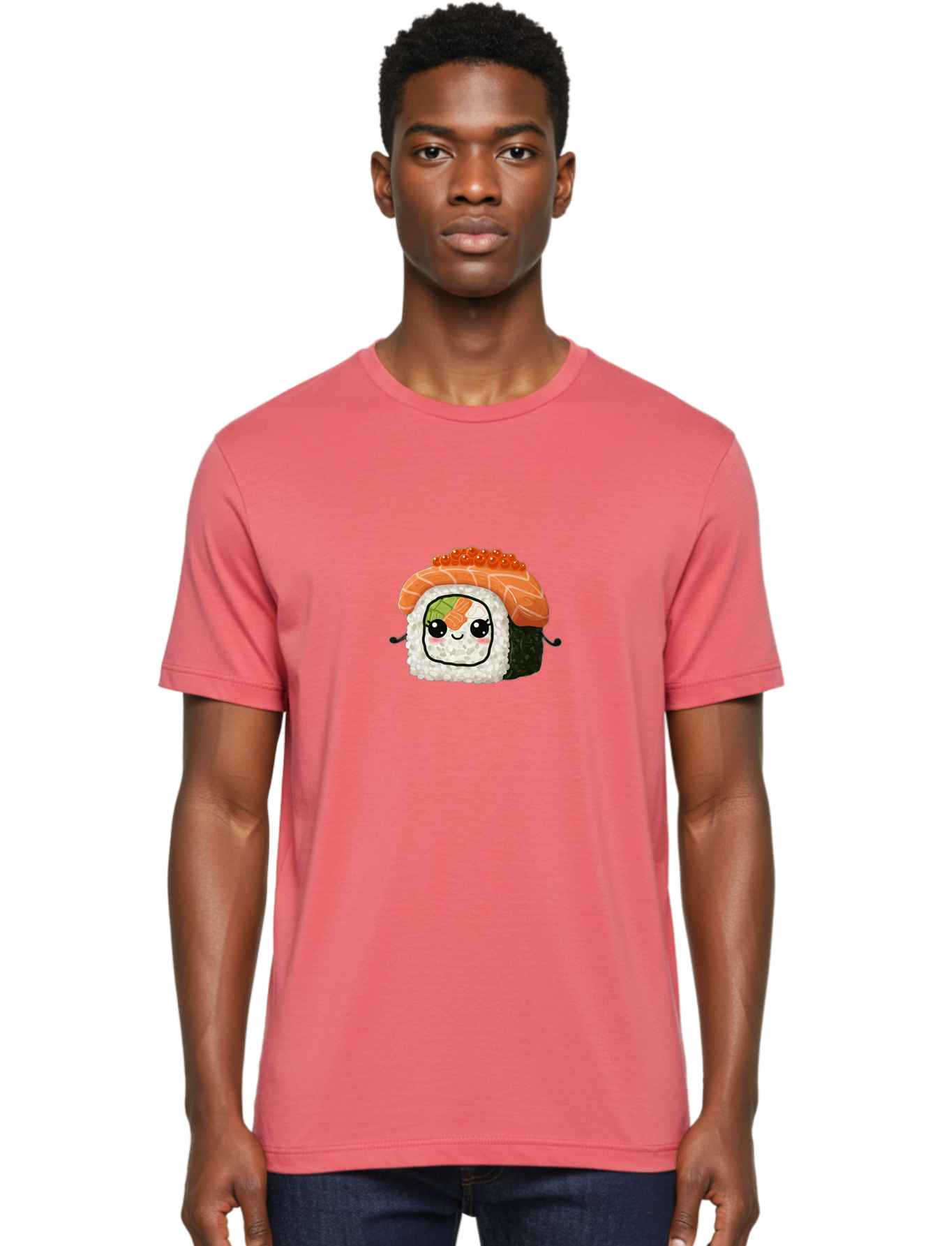 Sushi-Roll Men'S Graphic Tee, 100% Cotton, Comfortable Casual Summer Wear, Machine Washable, Kawaii Sushi Roll, Cartoon Sushi, Adorable Food, Sushi Character, Cute Anime Art, Foodie Illustrations, Mignardise, Orange Salmon, Sushi Love Bad999 23