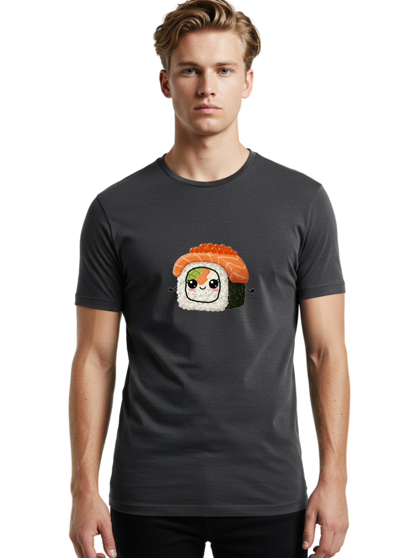 Sushi-Roll Men'S Graphic Tee, 100% Cotton, Comfortable Casual Summer Wear, Machine Washable, Kawaii Sushi Roll, Cartoon Sushi, Adorable Food, Sushi Character, Cute Anime Art, Foodie Illustrations, Mignardise, Orange Salmon, Sushi Love Bad999 18