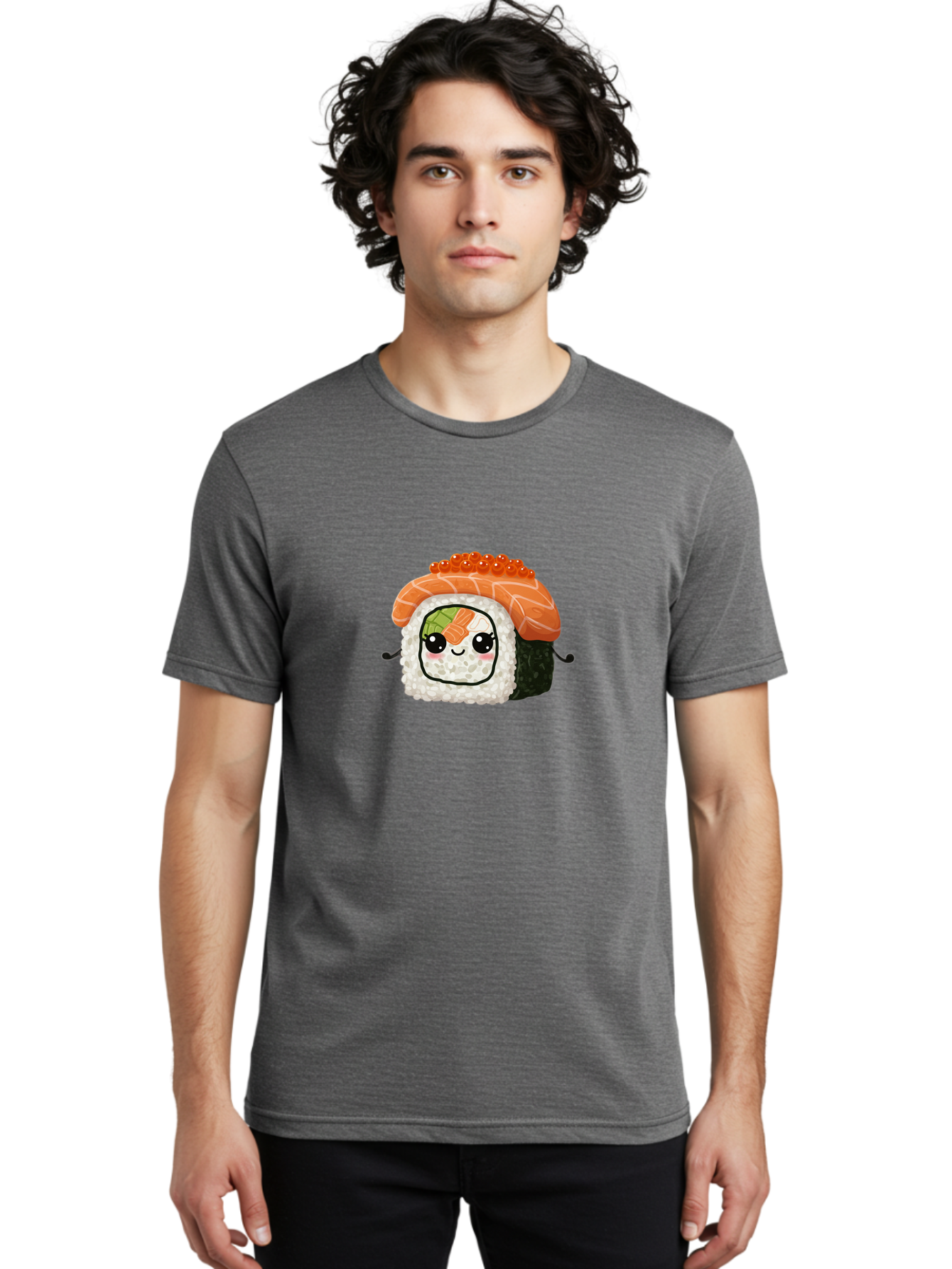 Sushi-Roll Men'S Graphic Tee, 100% Cotton, Comfortable Casual Summer Wear, Machine Washable, Kawaii Sushi Roll, Cartoon Sushi, Adorable Food, Sushi Character, Cute Anime Art, Foodie Illustrations, Mignardise, Orange Salmon, Sushi Love Bad999 27