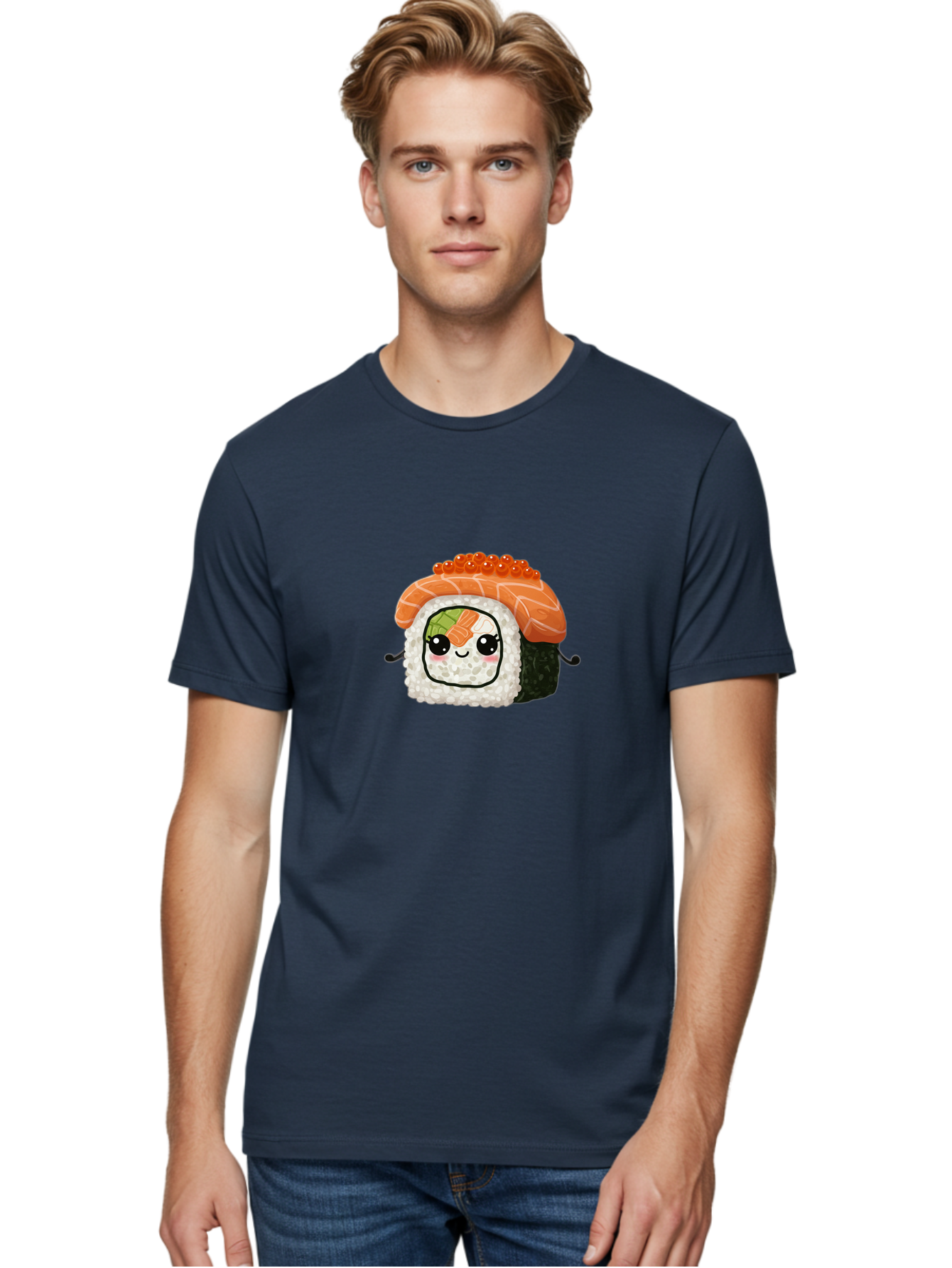 Sushi-Roll Men'S Graphic Tee, 100% Cotton, Comfortable Casual Summer Wear, Machine Washable, Kawaii Sushi Roll, Cartoon Sushi, Adorable Food, Sushi Character, Cute Anime Art, Foodie Illustrations, Mignardise, Orange Salmon, Sushi Love Bad999 16