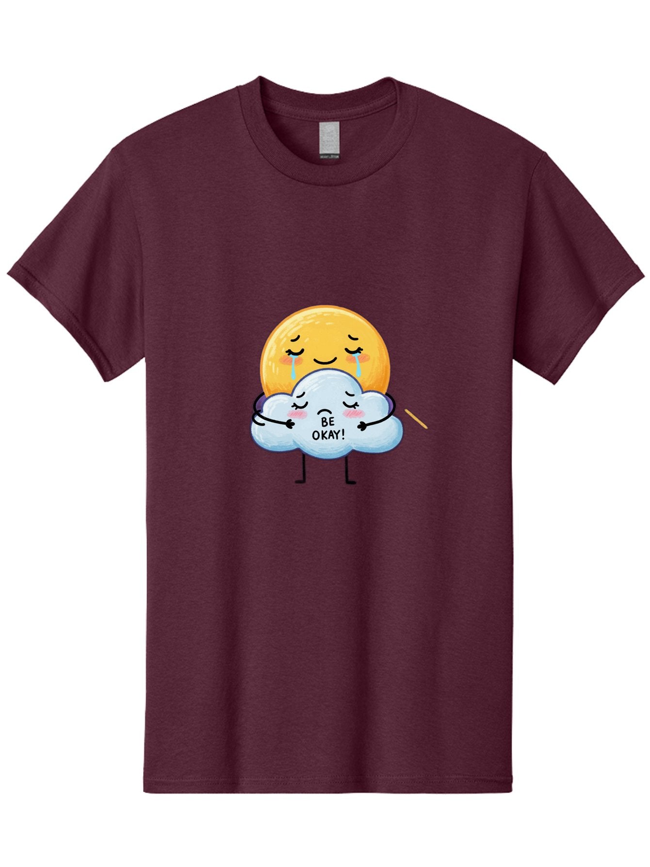 Be-Okay Men'S Graphic Tee, 100% Cotton, Comfortable Casual Summer Wear, Machine Washable, Crying Sun, Cloud Hugging Sun, Emotional Support, Comforting Words, Positive Affirmation, Mental Health Awareness, Cute Cartoon Characters, Bae002 13