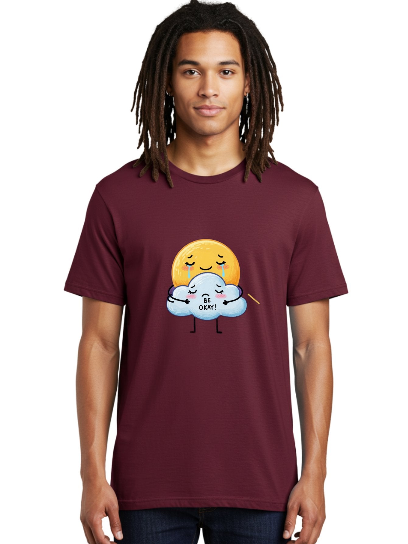 Be-Okay Men'S Graphic Tee, 100% Cotton, Comfortable Casual Summer Wear, Machine Washable, Crying Sun, Cloud Hugging Sun, Emotional Support, Comforting Words, Positive Affirmation, Mental Health Awareness, Cute Cartoon Characters, Bae002 20