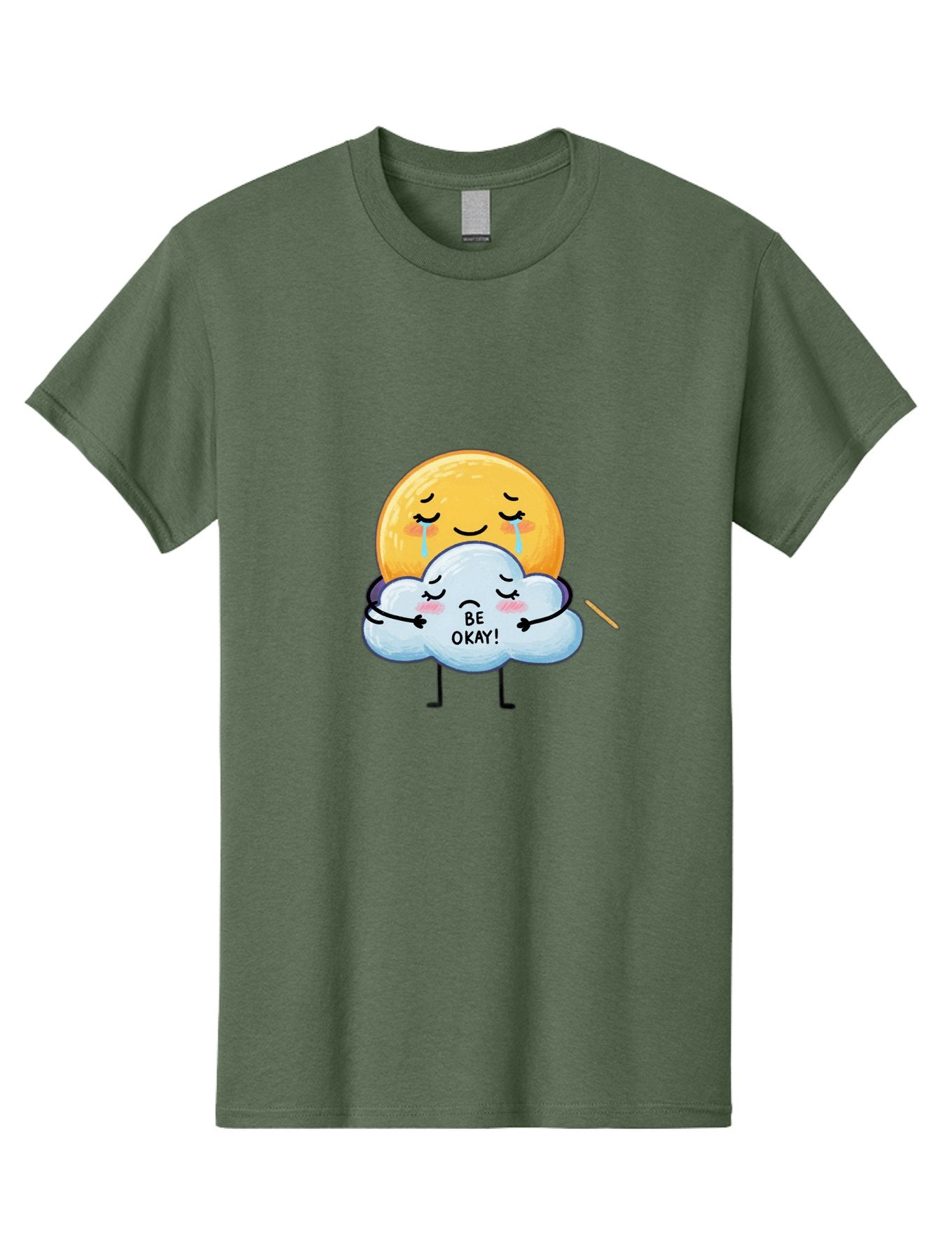 Be-Okay Men'S Graphic Tee, 100% Cotton, Comfortable Casual Summer Wear, Machine Washable, Crying Sun, Cloud Hugging Sun, Emotional Support, Comforting Words, Positive Affirmation, Mental Health Awareness, Cute Cartoon Characters, Bae002 11