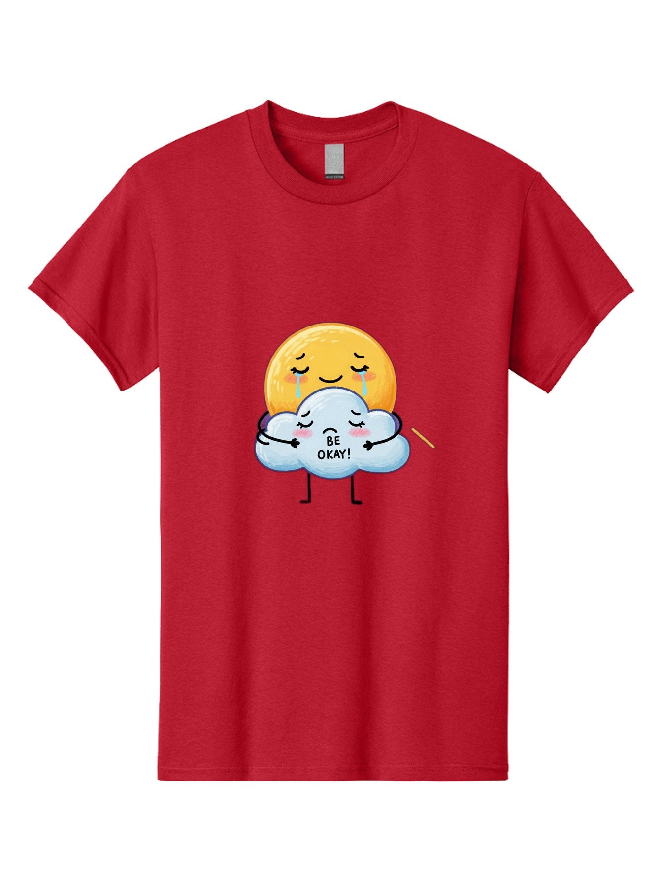 Be-Okay Men'S Graphic Tee, 100% Cotton, Comfortable Casual Summer Wear, Machine Washable, Crying Sun, Cloud Hugging Sun, Emotional Support, Comforting Words, Positive Affirmation, Mental Health Awareness, Cute Cartoon Characters, Bae002