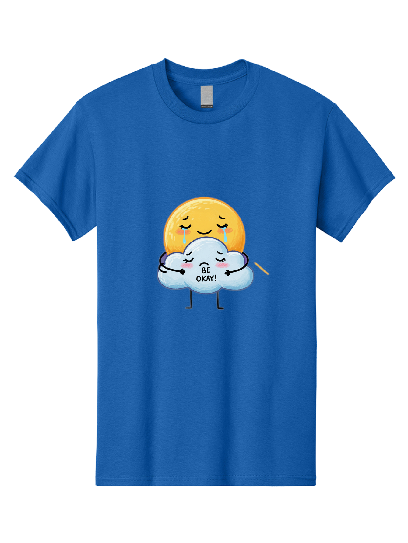 Be-Okay Men'S Graphic Tee, 100% Cotton, Comfortable Casual Summer Wear, Machine Washable, Crying Sun, Cloud Hugging Sun, Emotional Support, Comforting Words, Positive Affirmation, Mental Health Awareness, Cute Cartoon Characters, Bae002